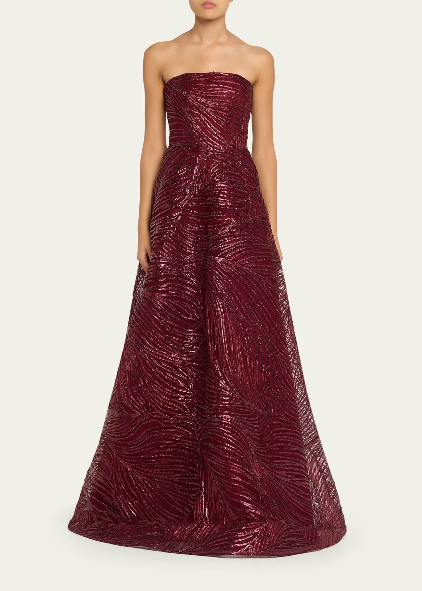 Strapless Metallic Raffia Embroidered Ball Gown