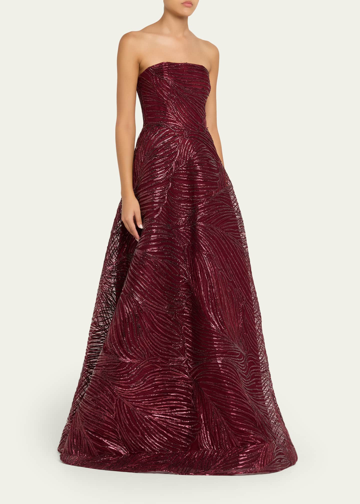Strapless Metallic Raffia Embroidered Ball Gown