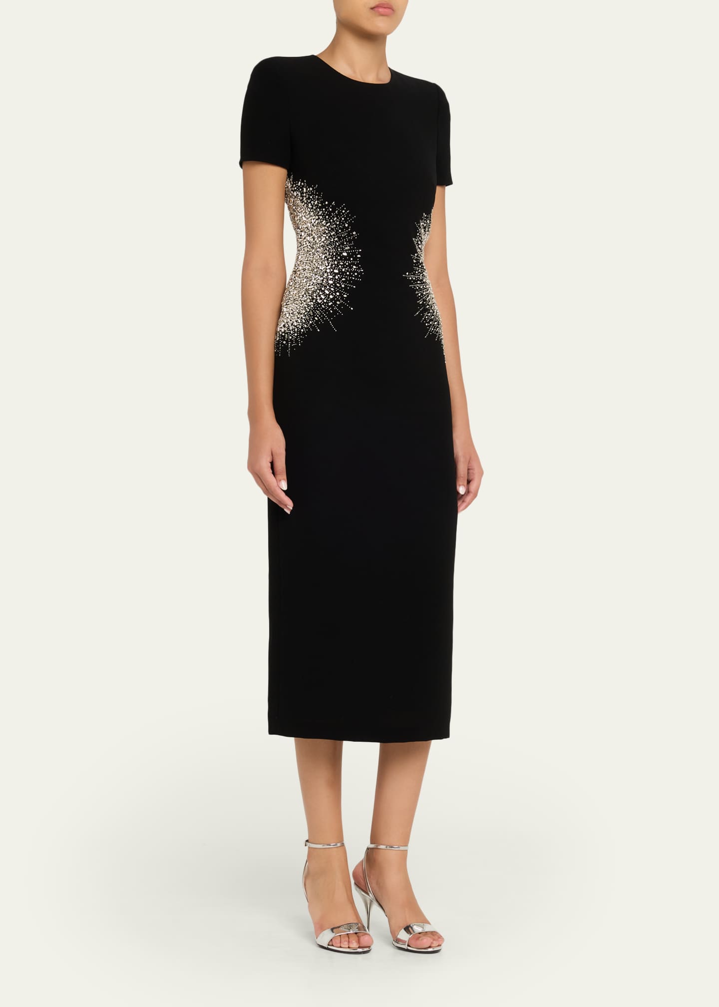 Naeem Khan Crystal Embellished Short-Sleeve Midi Dress, Black Silv, Women's, 4, Cocktail & Party Wedding Guest Dresses Short-Sleeve Dresses