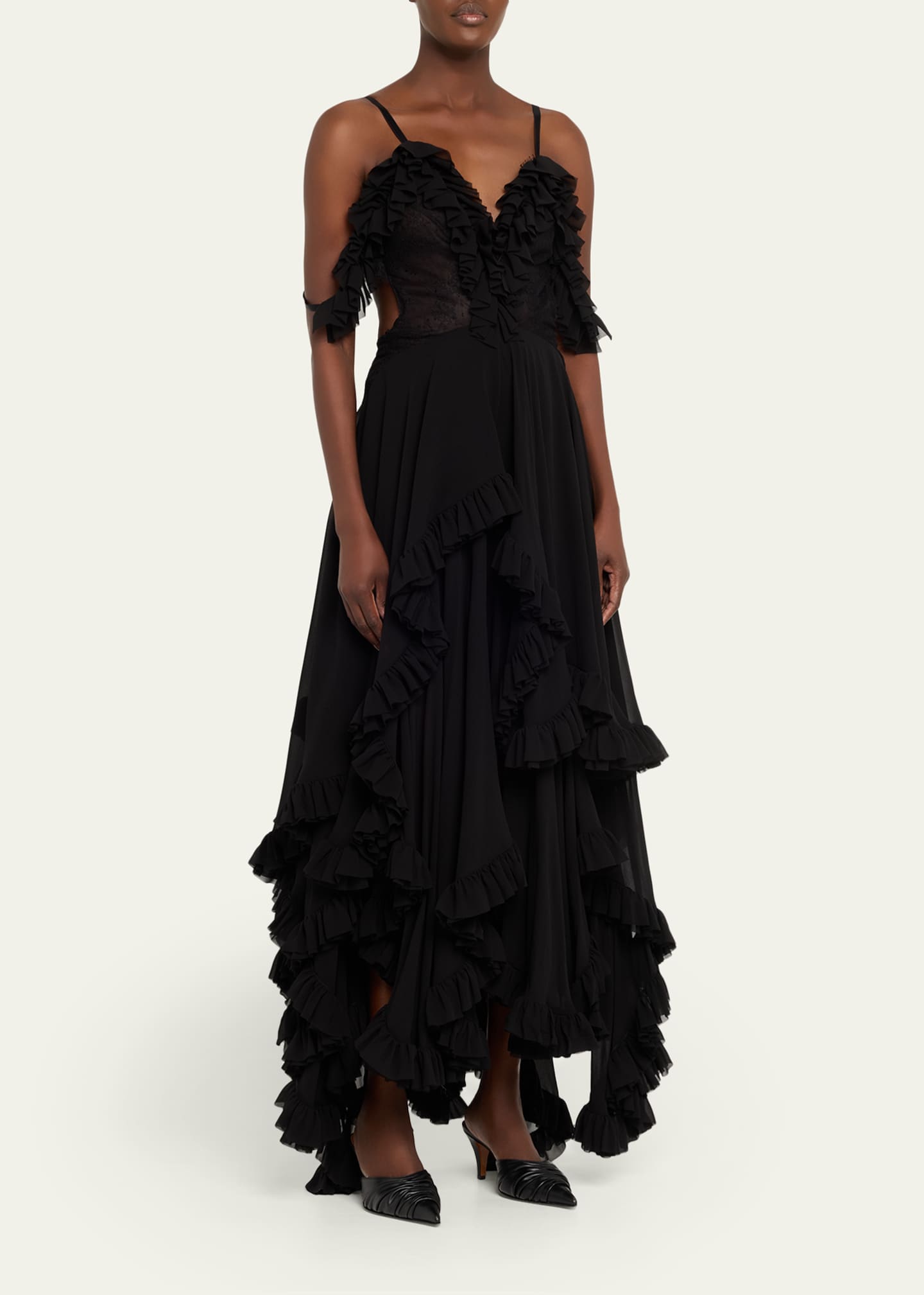 bergdorf goodman evening dresses McQueen Lace-Inset Tiered Ruffle Chiffon Evening Dress