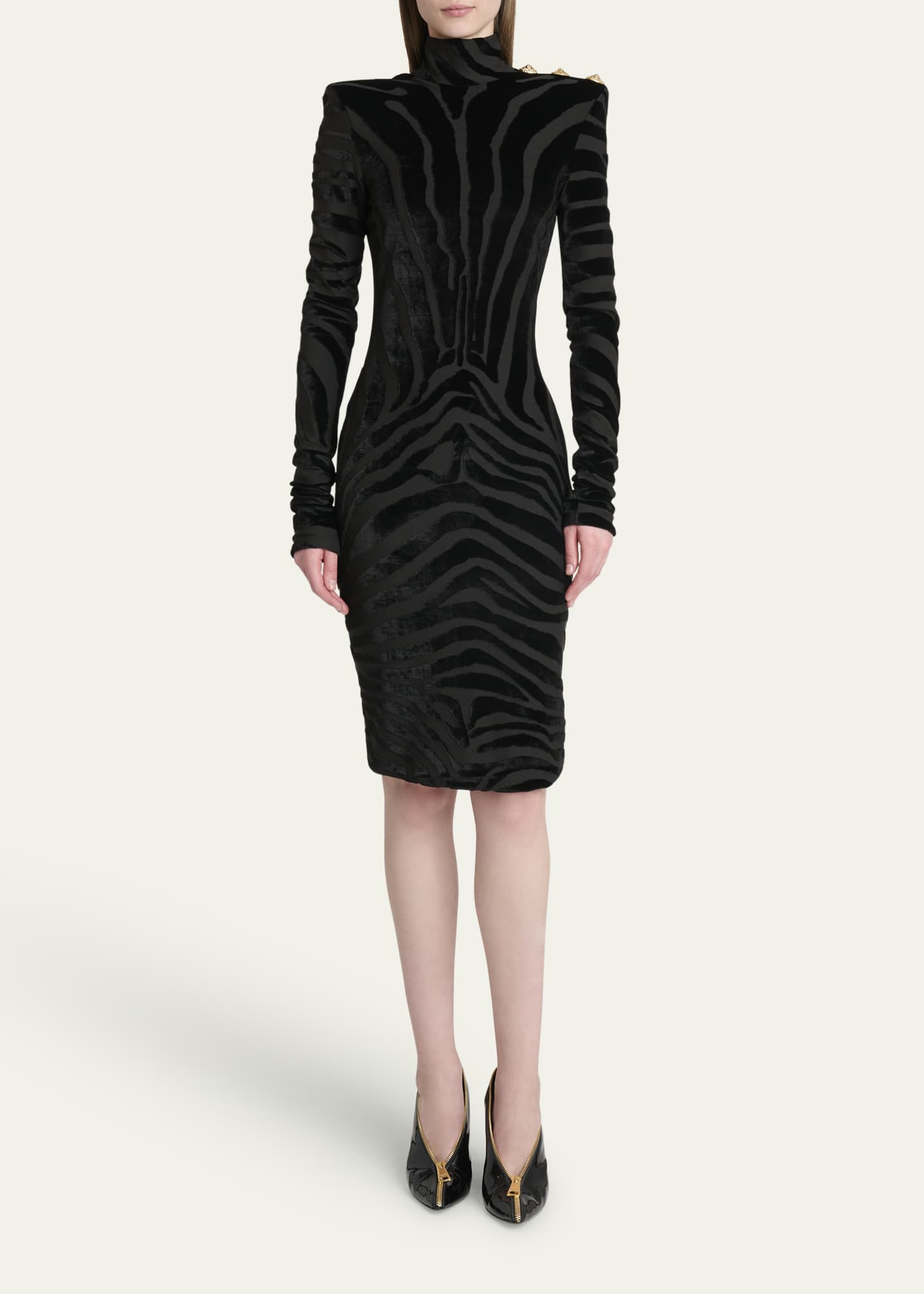 Balmain Zebra Velvet Strong-Shoulder Long-Sleeve Dress - Bergdorf Goodman