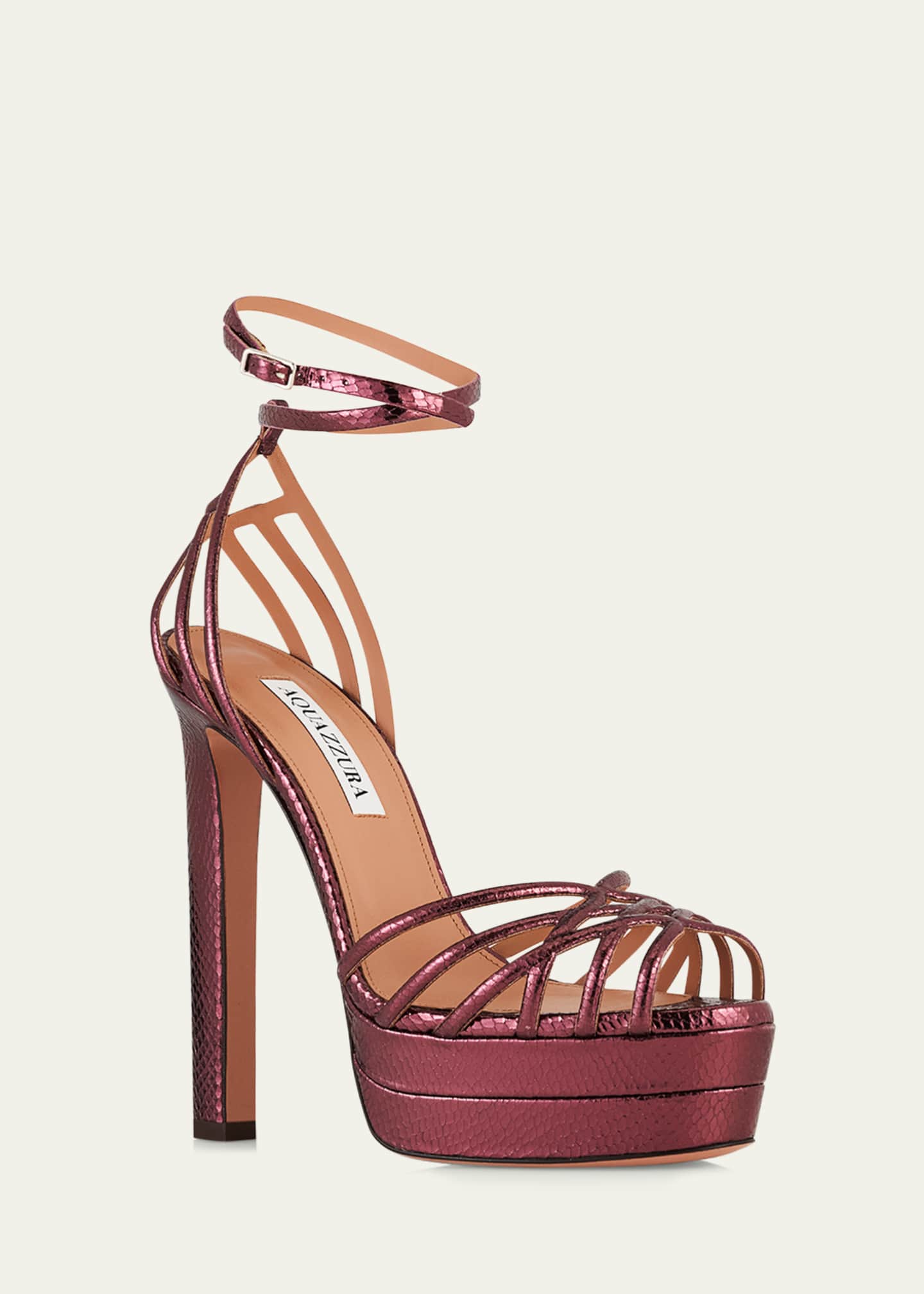 Aquazzura 130mm Wild Dream Snake-Embossed Metallic Leather