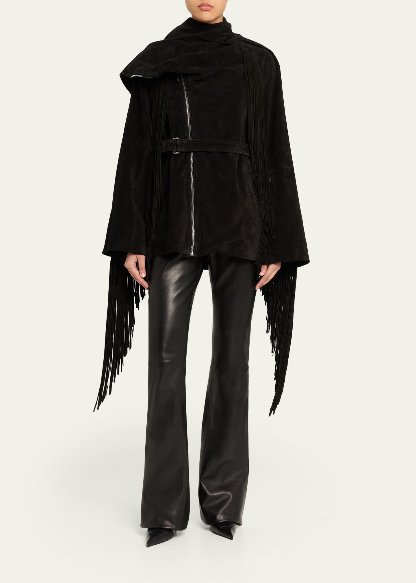 Rick Owens Scarf-Neck Fringe Suede Moto Jaket - Bergdorf Goodman
