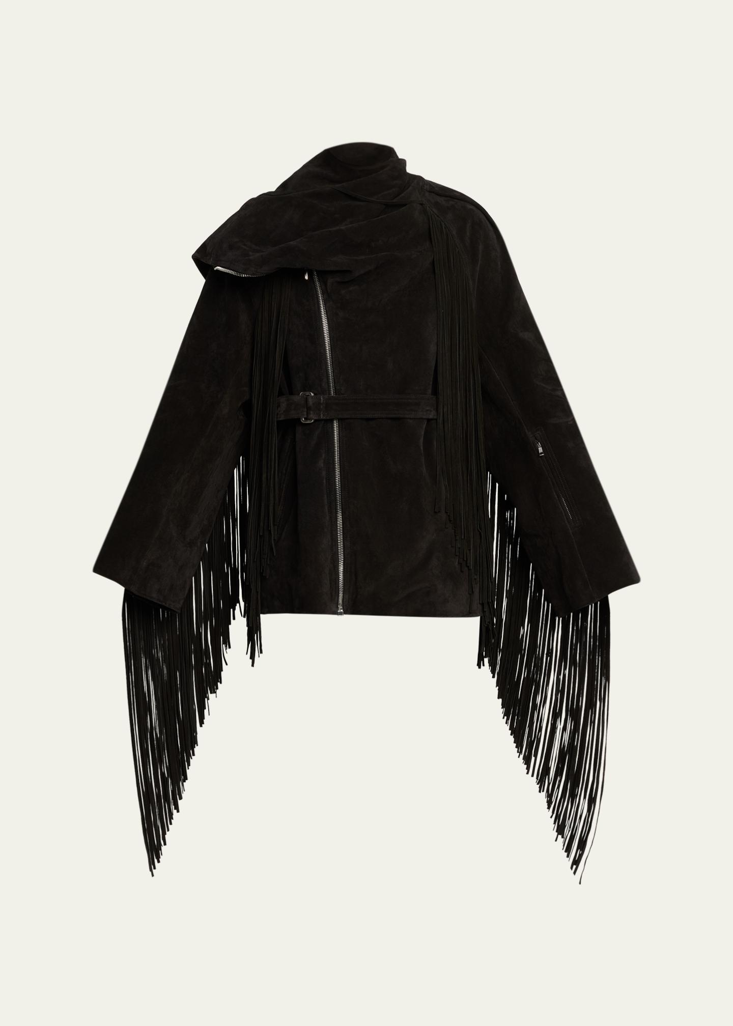 Rick Owens Scarf-Neck Fringe Suede Moto Jaket - Bergdorf Goodman