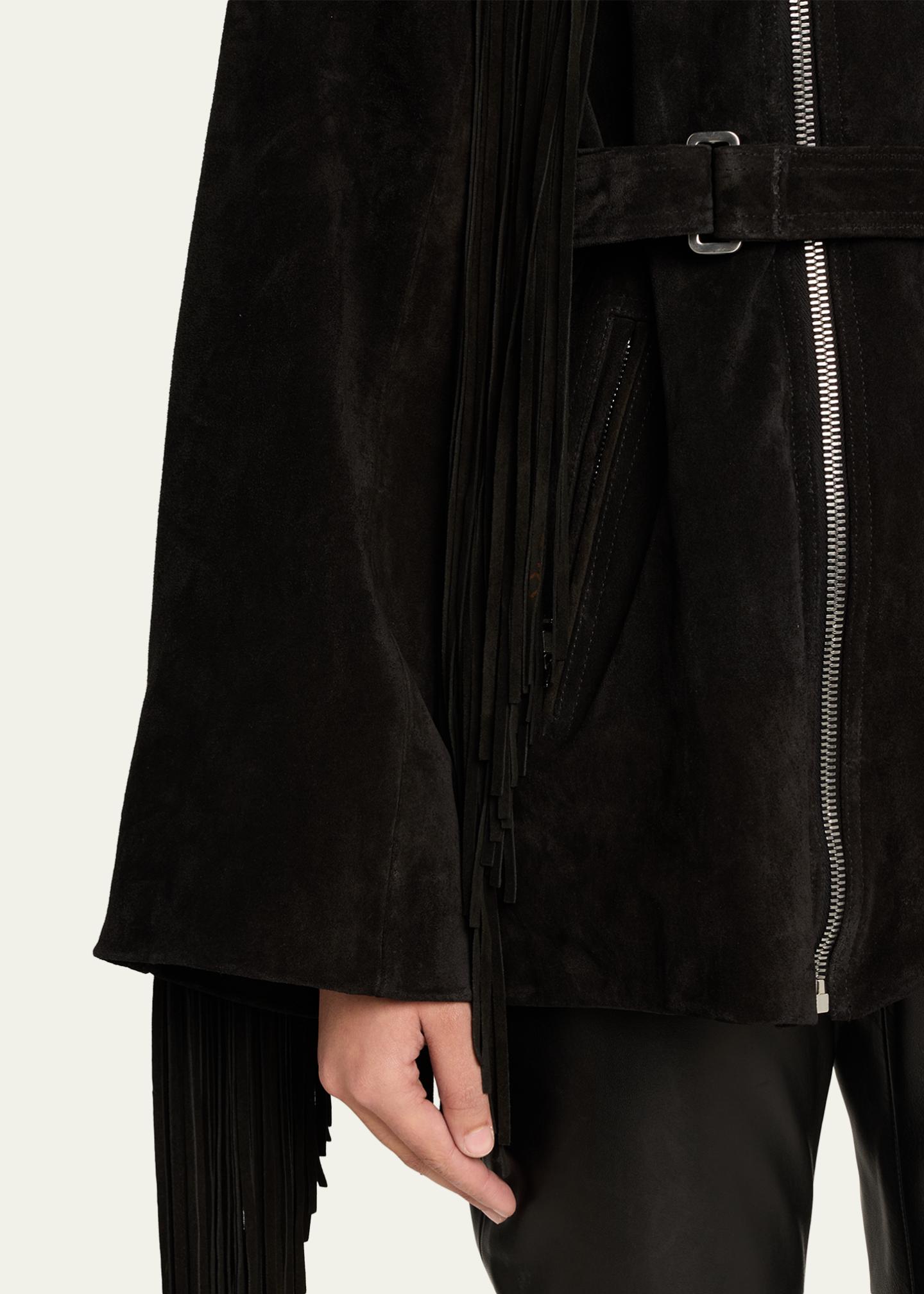 Rick Owens Scarf-Neck Fringe Suede Moto Jaket - Bergdorf Goodman