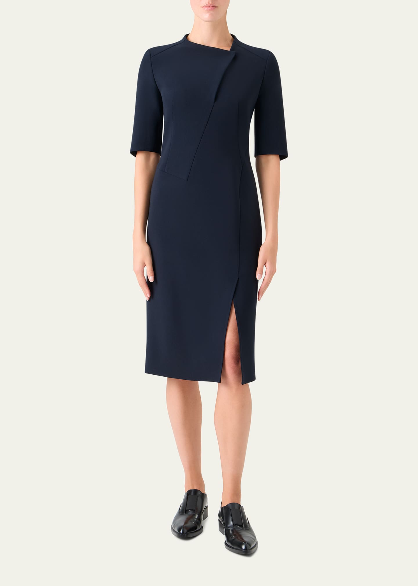 Akris Asymmetric Slit Short-Sleeve Midi Dress, Blue, Women's, 2, Cocktail & Party Wedding Guest Dresses Short-Sleeve Dresses