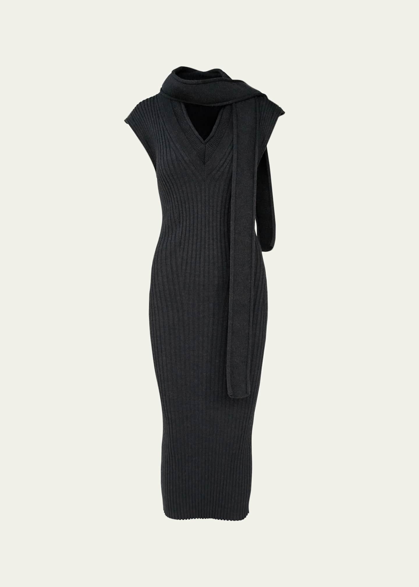 Aisling Camps Scarf-Neck Sleeveless Rib Knit Midi Dress, Grey, Women's, Large, Casual & Work Dresses Knit Dresses