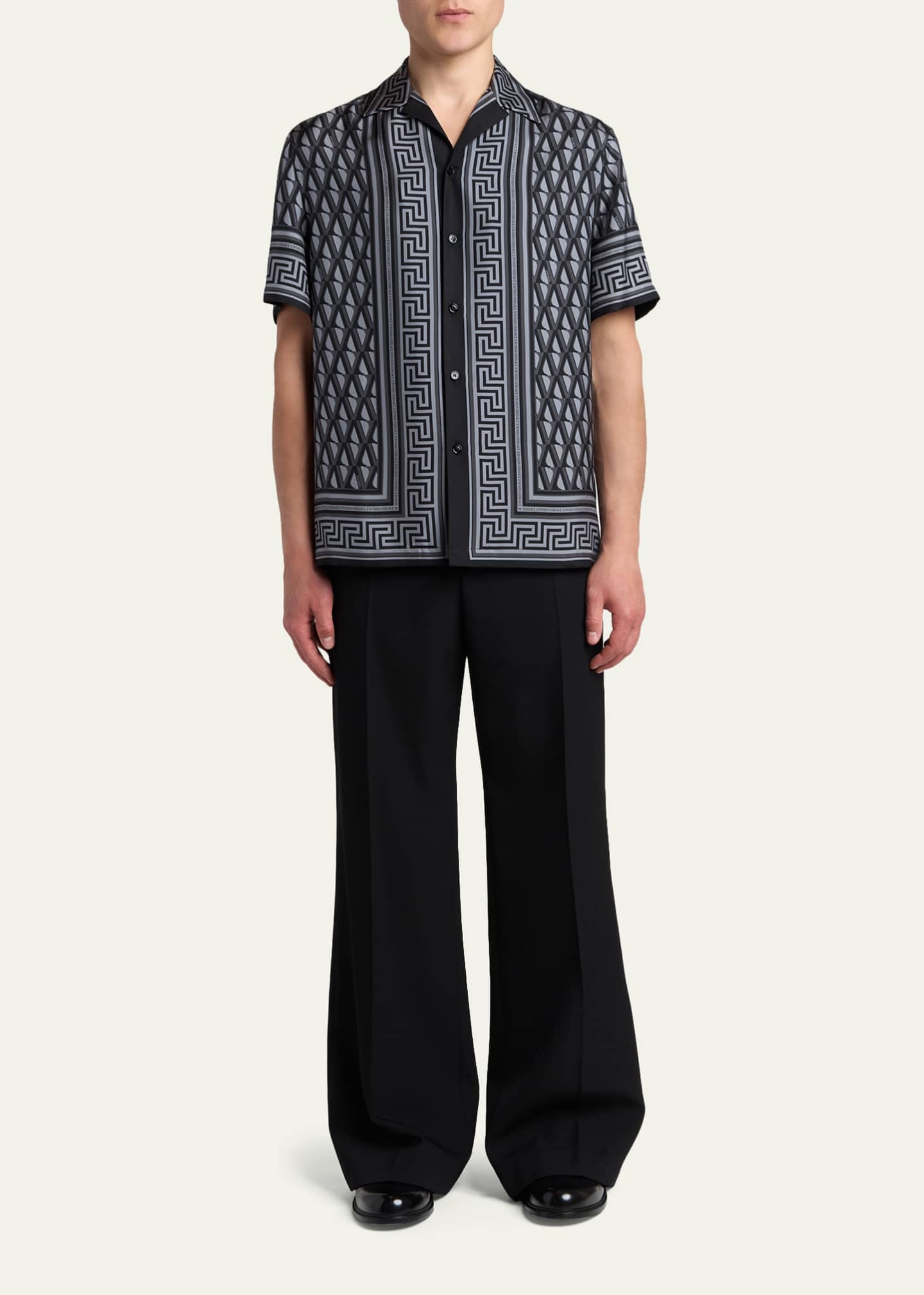 Versace Men's Silk Monogram Greca-Trim Bowling Shirt - Bergdorf