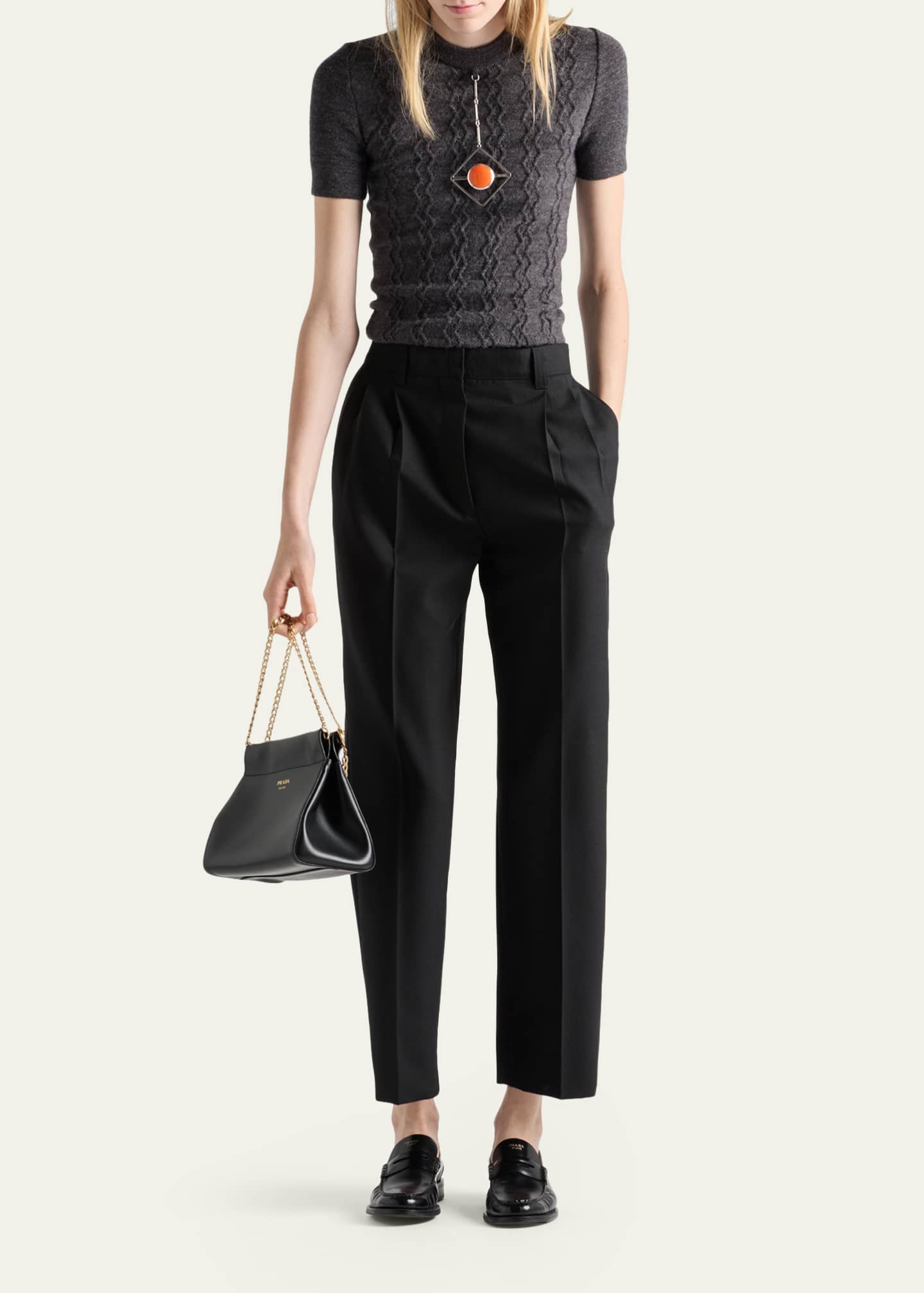 PRADA 長袖ウールショートセーター　40 Prada Short-Sleeve Knit Sweater with Pendants - Bergdorf Goodman
