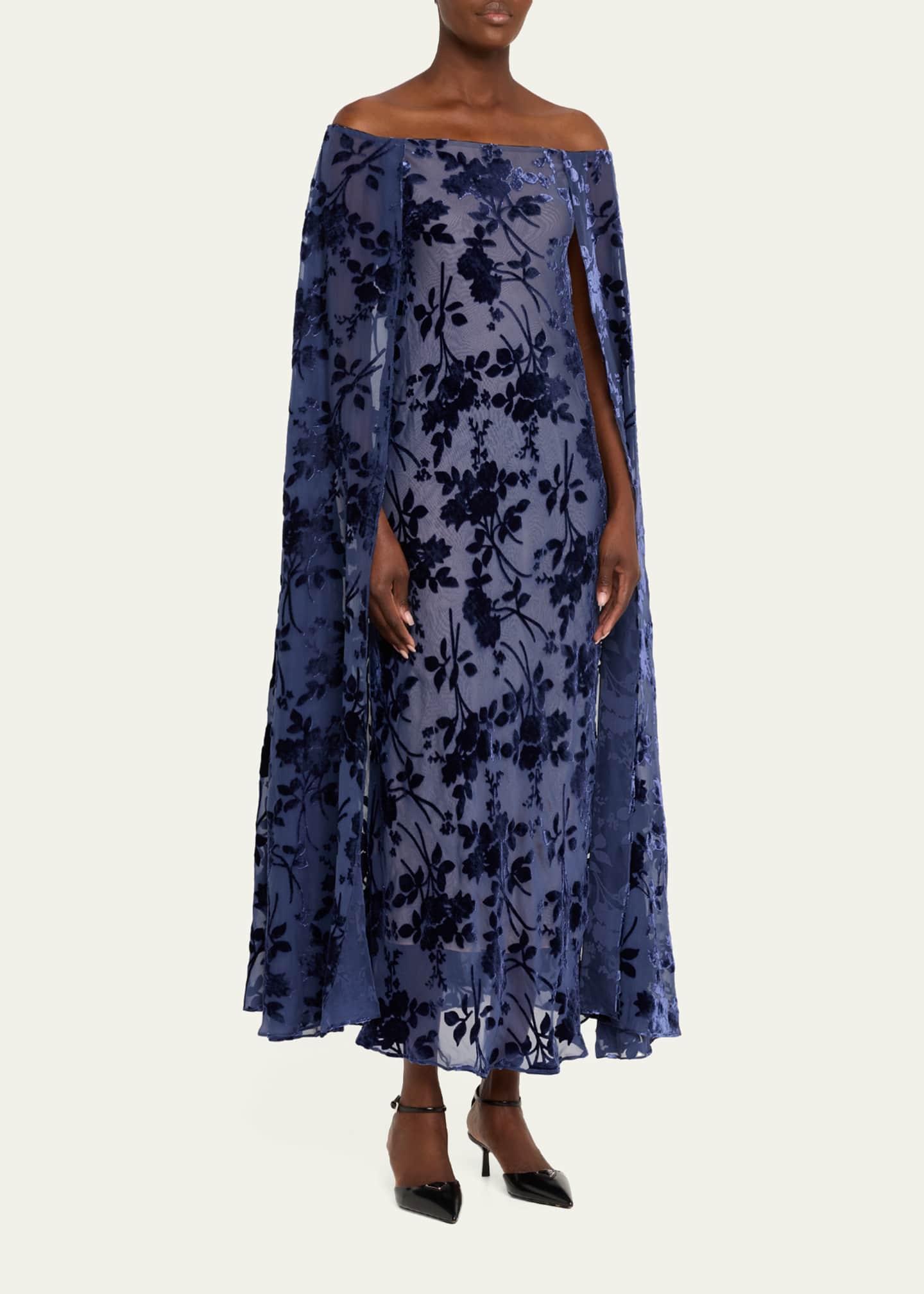 Rodarte Floral Silk Devore Off-The-Shoulder Cape Maxi Dress, Blue, Women's, 4, Casual & Work Dresses Maxi Dresses
