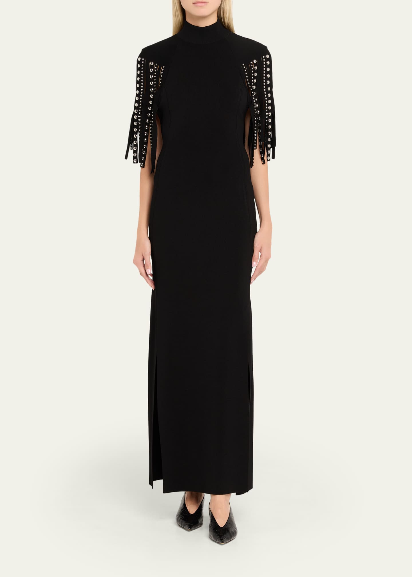 Lanvin Mock-Neck Studded Fringe Capelet Maxi Dress - Bergdorf Goodman