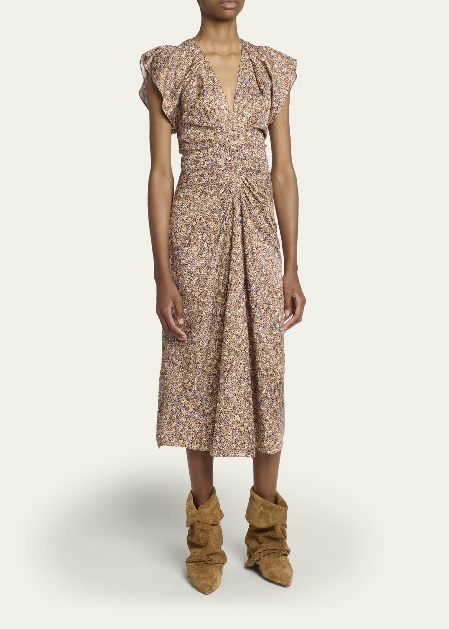 Isabel Marant Lyndsay Floral Satin Flutter-Sleeve Midi Dress - Bergdorf  Goodman