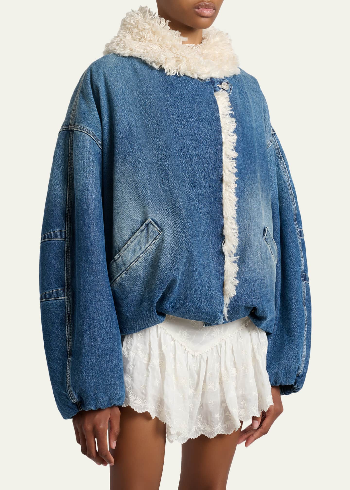 Isabel Marant Charone Short Denim Jacket with Faux Fur Trim