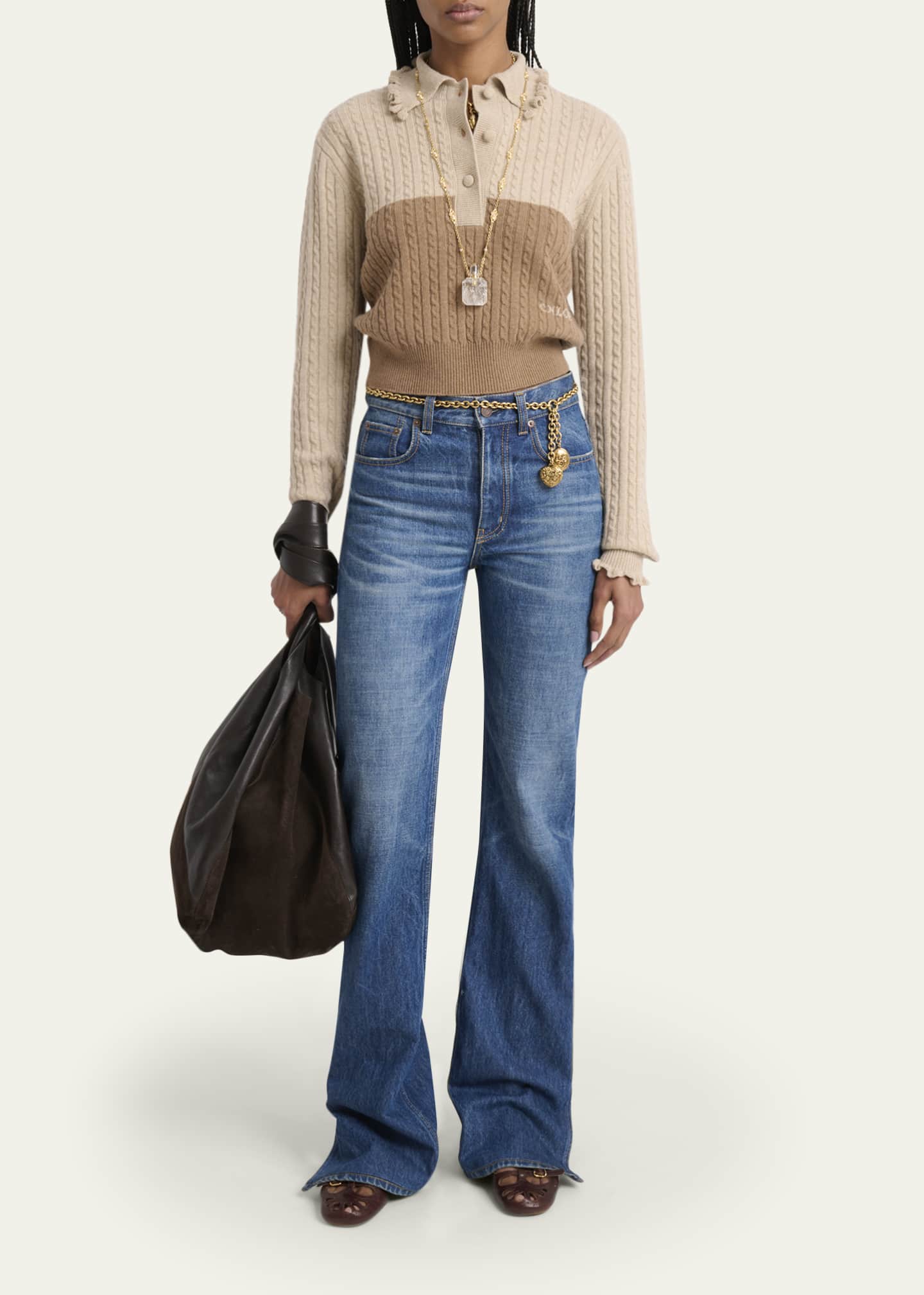 Chloe Ruffled Cable-Knit Bicolor Pullover - Bergdorf Goodman