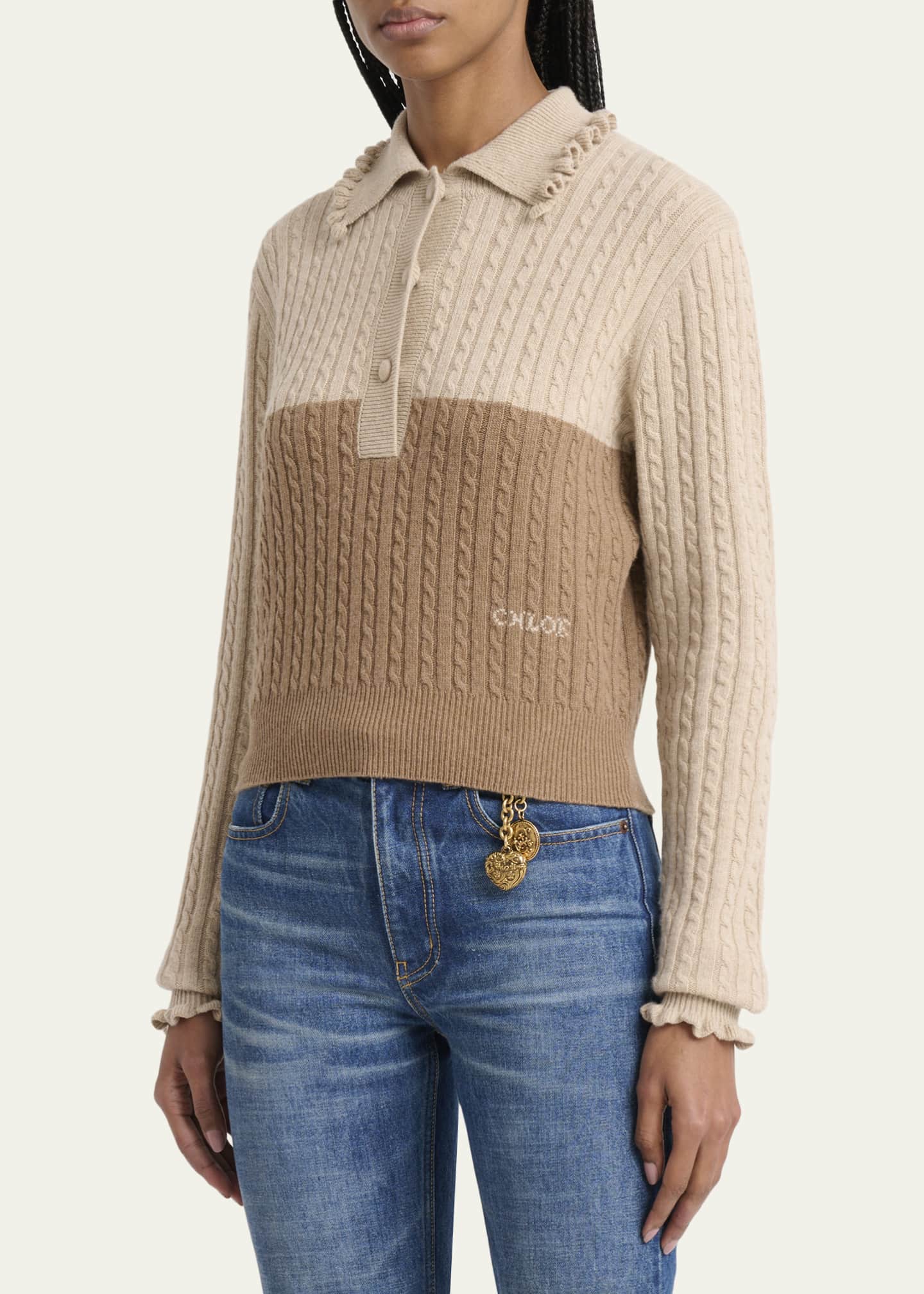 Chloe Ruffled Cable-Knit Bicolor Pullover - Bergdorf Goodman