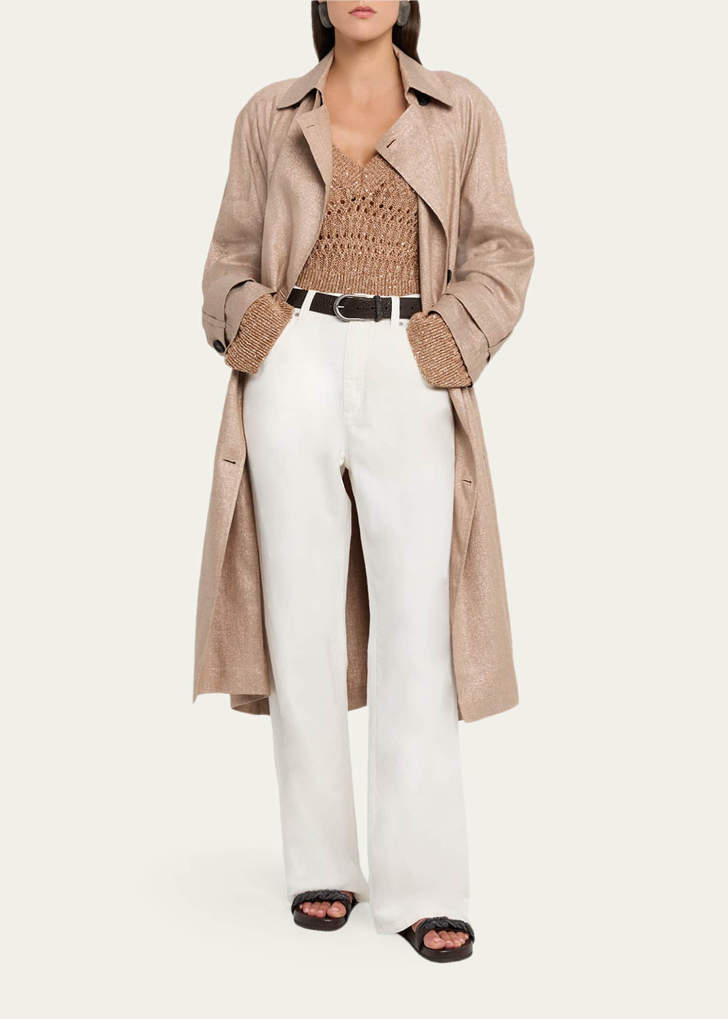 Brunello Cucinelli Openwork Braided Paillette Linen V-Neck Sweater