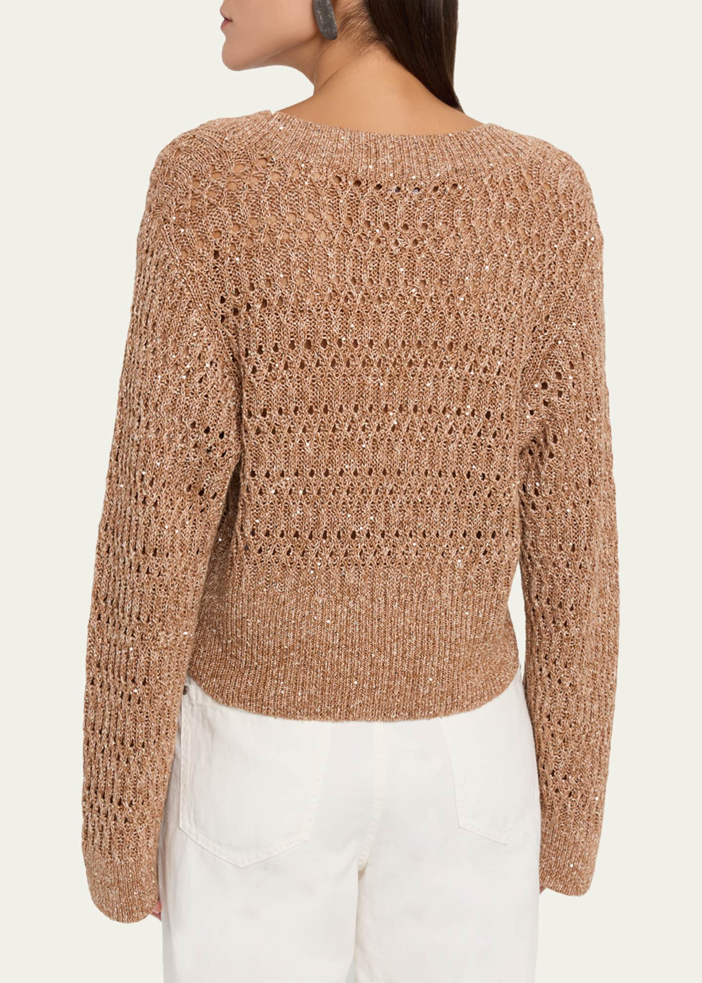 Brunello Cucinelli Openwork Braided Paillette Linen V-Neck Sweater
