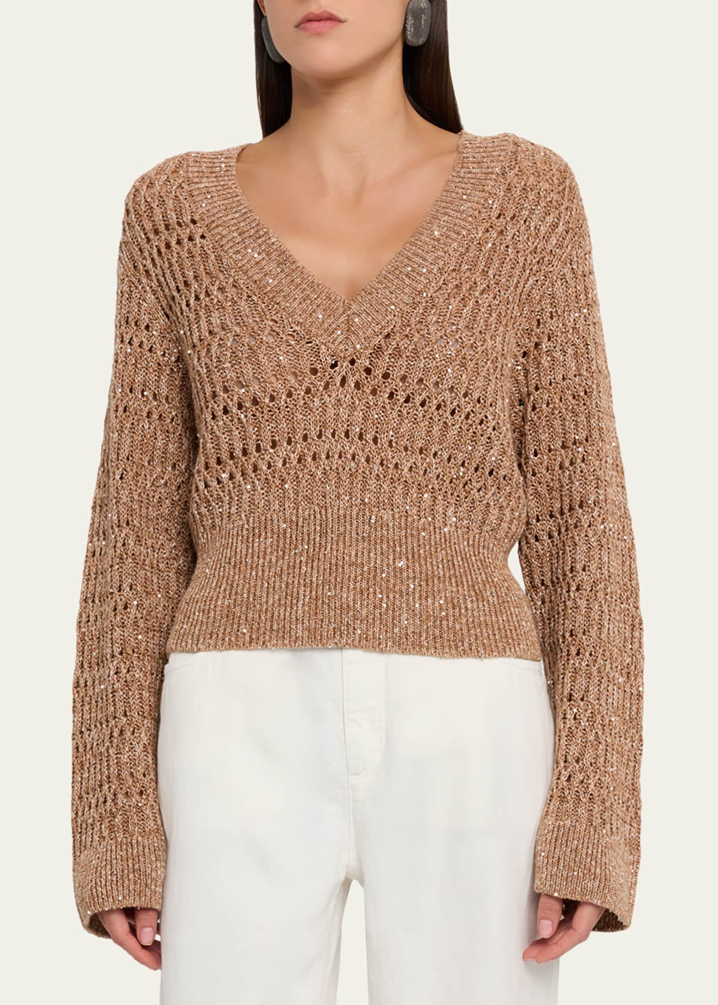 Brunello Cucinelli Openwork Braided Paillette Linen V-Neck Sweater