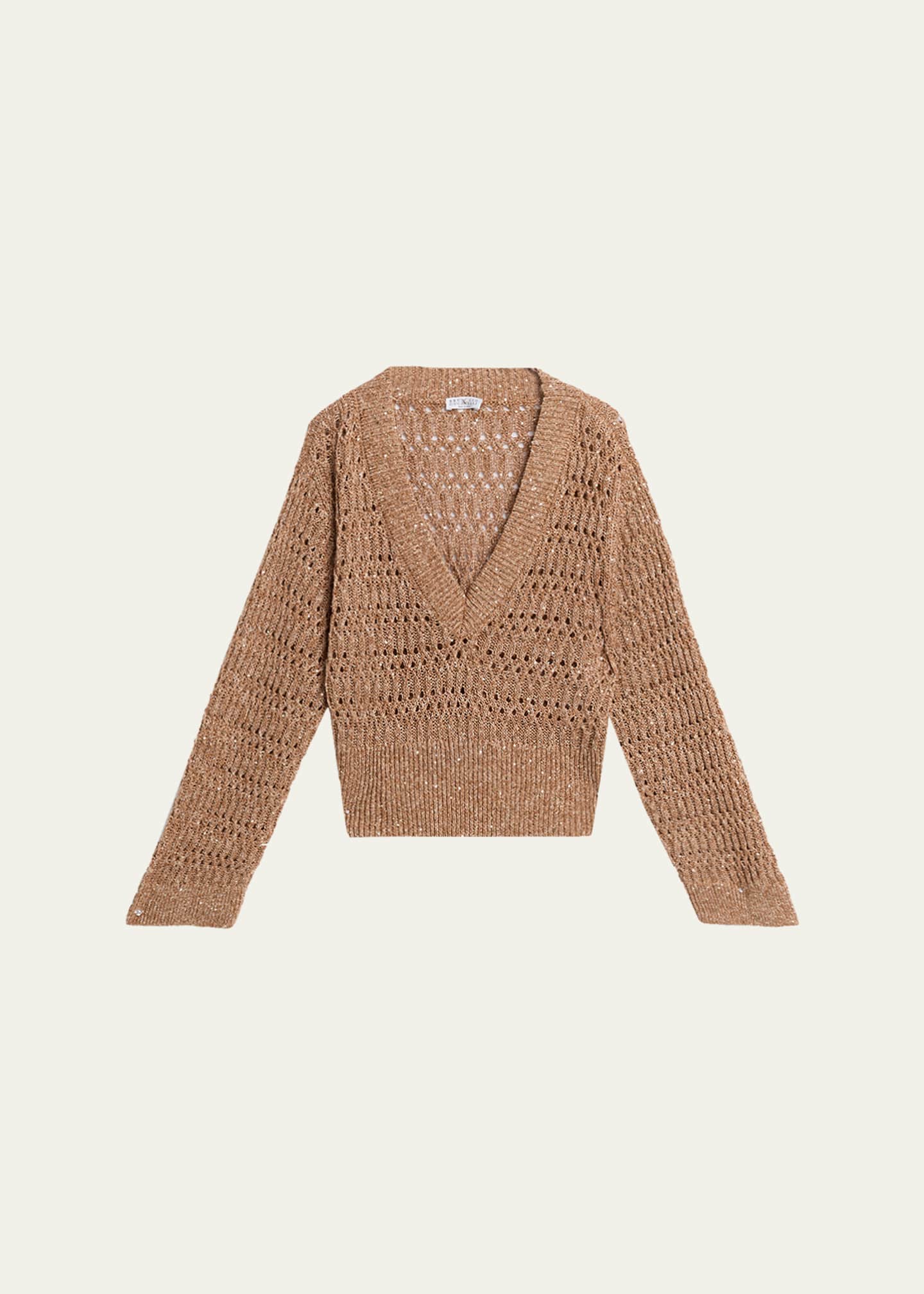 Brunello Cucinelli Openwork Braided Paillette Linen V-Neck Sweater