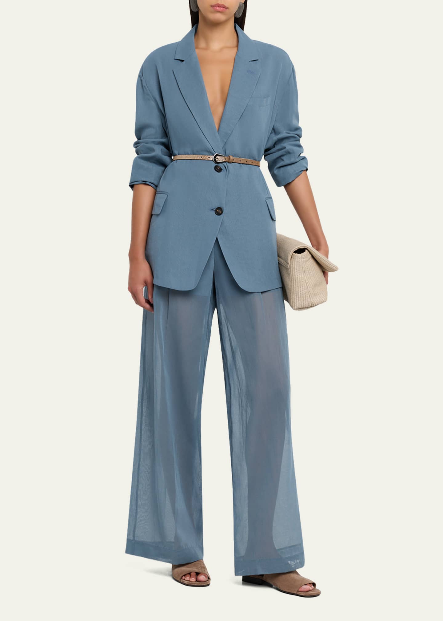 Brunello Cucinelli Monili-Trim Cotton Organza Wide-Leg Track Pants