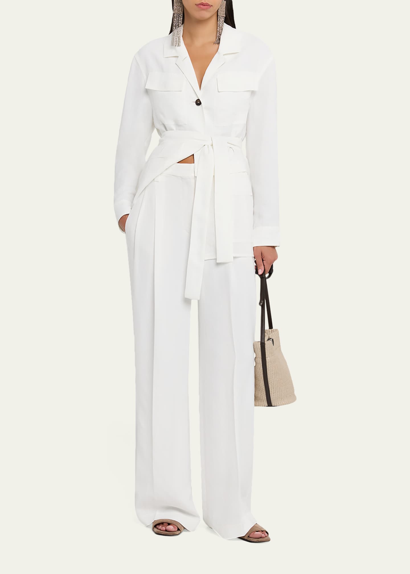 Brunello Cucinelli Monili-Trim Linen Gabardine Wide-Leg Pants