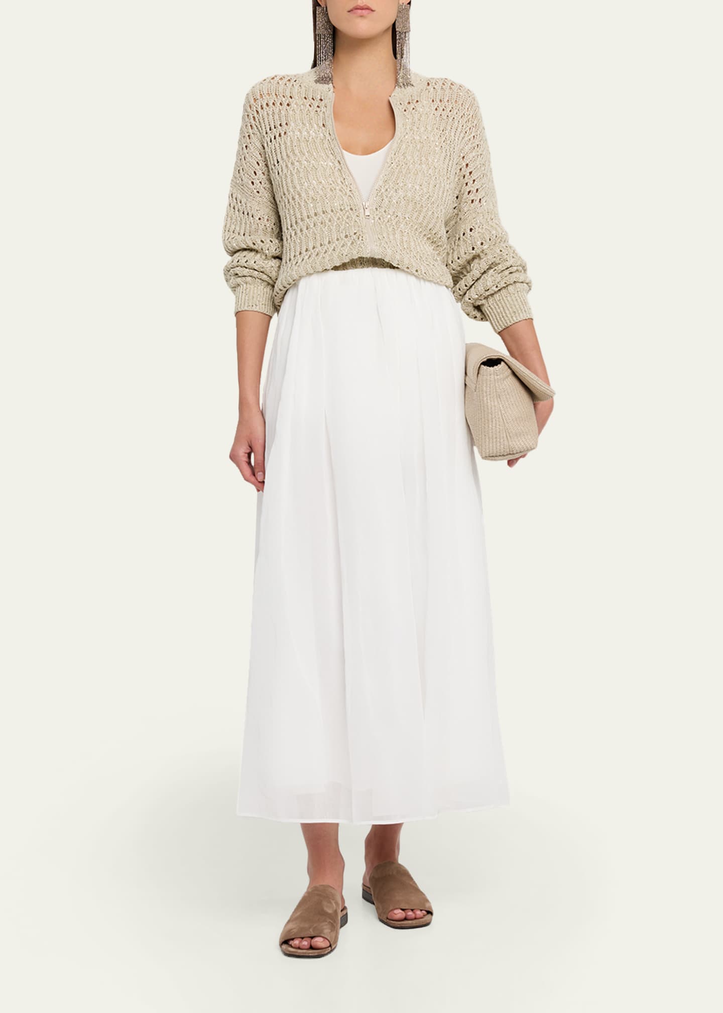 Brunello Cucinelli Paillette Linen Open-Knit Zip Cardigan
