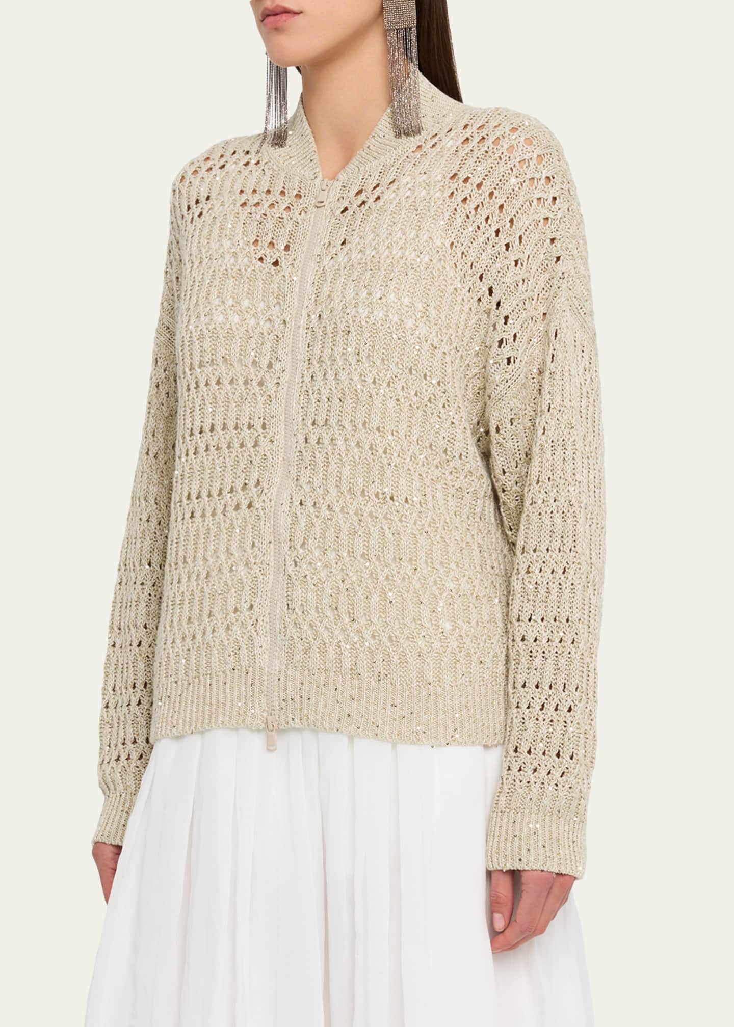 Brunello Cucinelli Paillette Linen Open-Knit Zip Cardigan