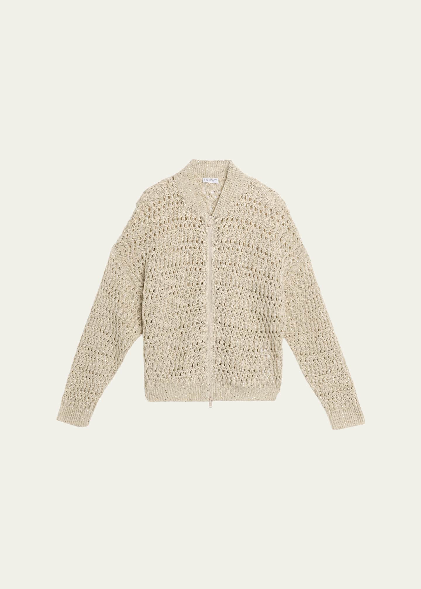Brunello Cucinelli Paillette Linen Open-Knit Zip Cardigan