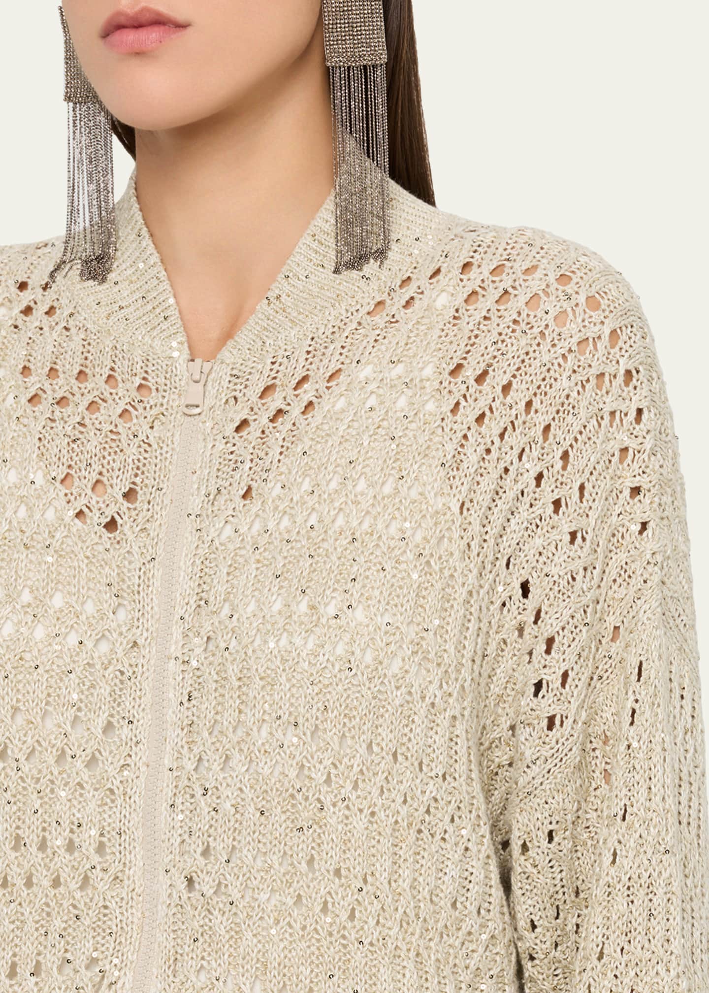 Brunello Cucinelli Paillette Linen Open-Knit Zip Cardigan