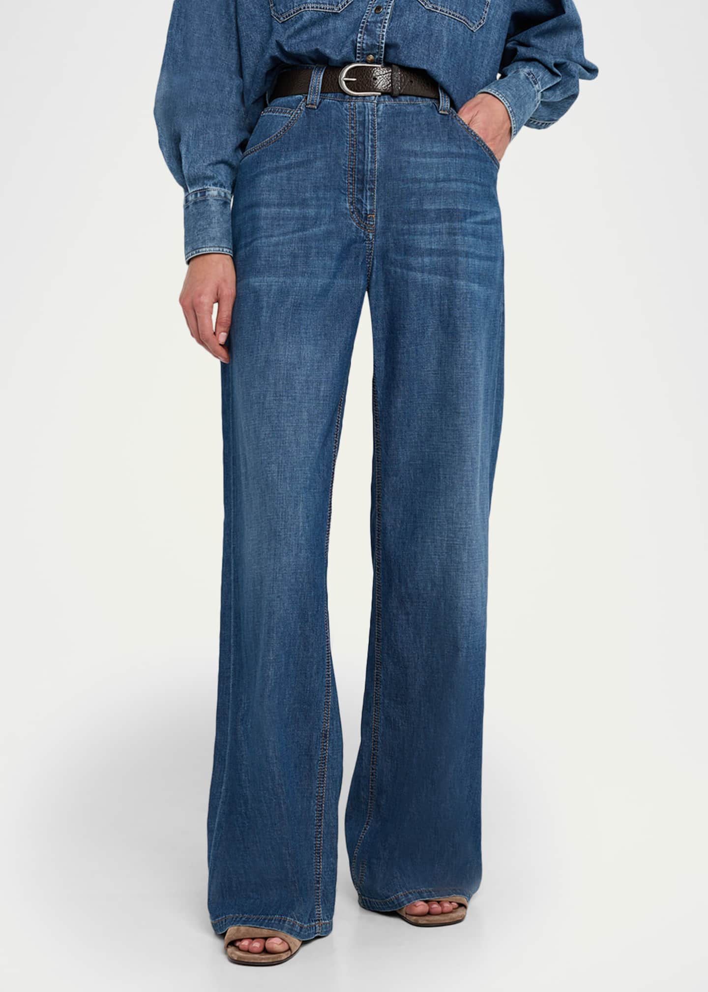 Brunello Cucinelli Lightweight Denim Wide-Leg Jeans With Monili