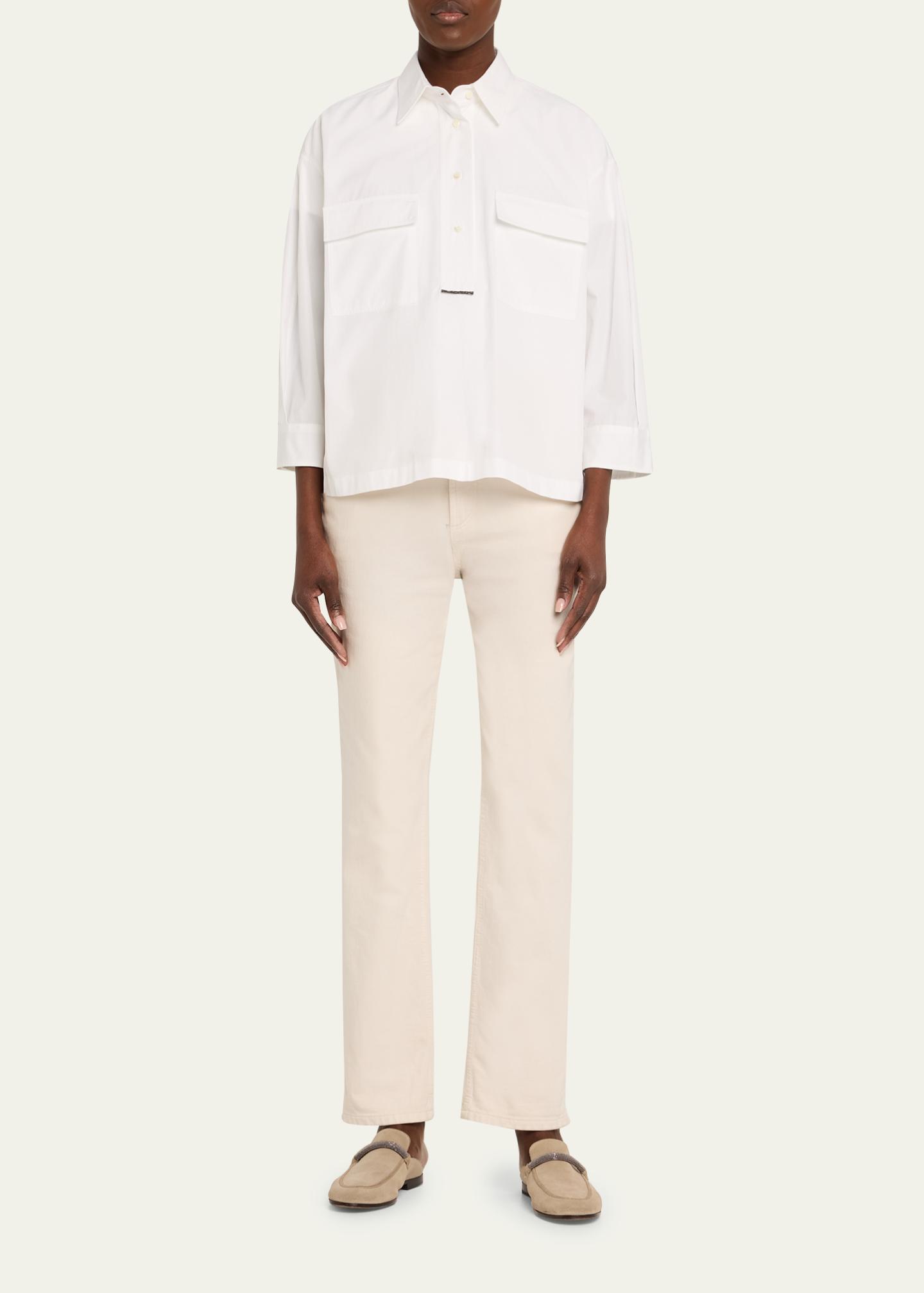 Brunello Cucinelli Monili-Trim Matte Poplin Button-Down Shirt