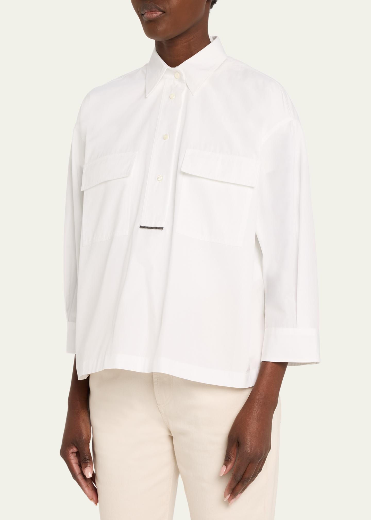 Brunello Cucinelli Monili-Trim Matte Poplin Button-Down Shirt