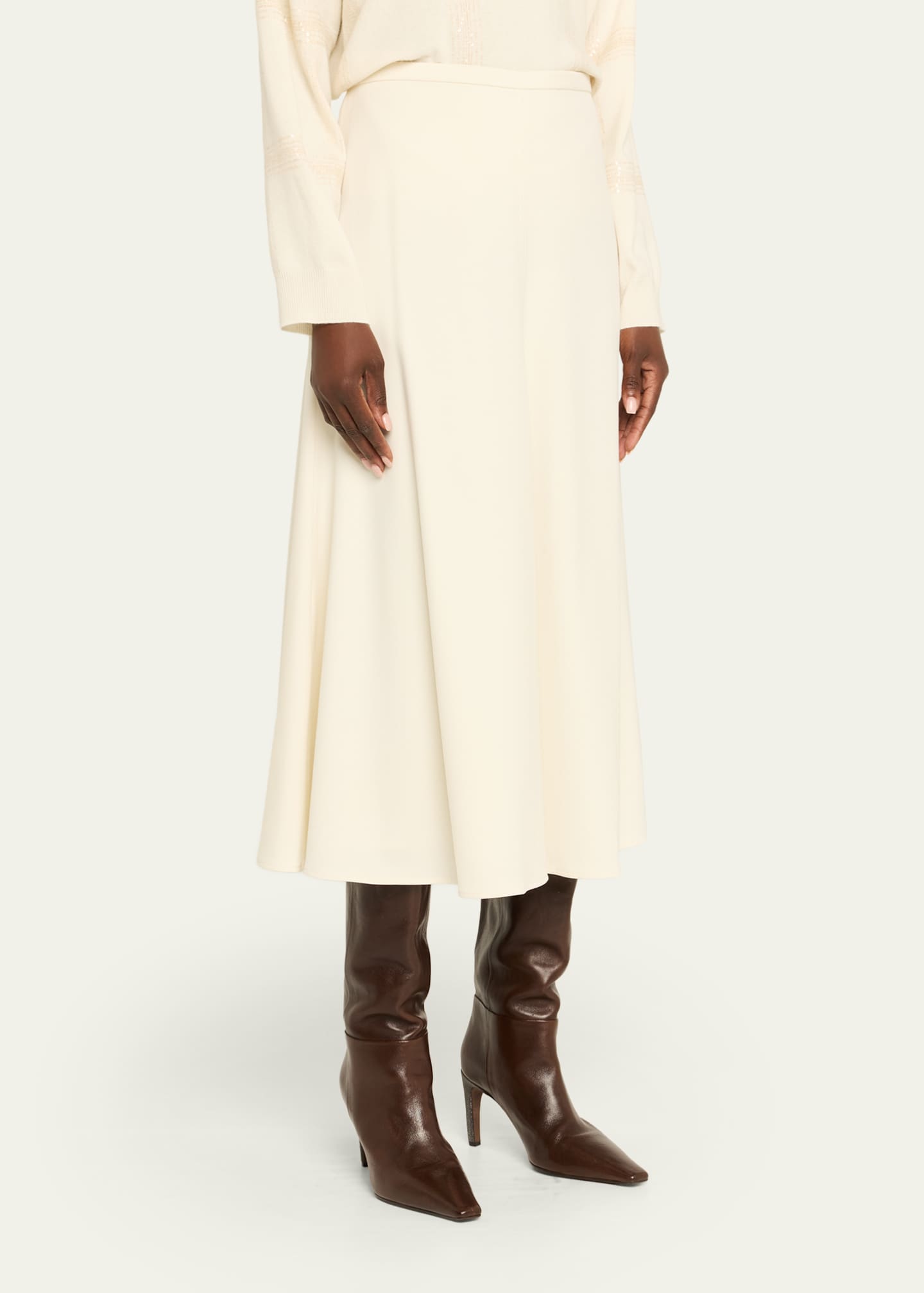 Wool-Stretch A-Line Midi Skirt