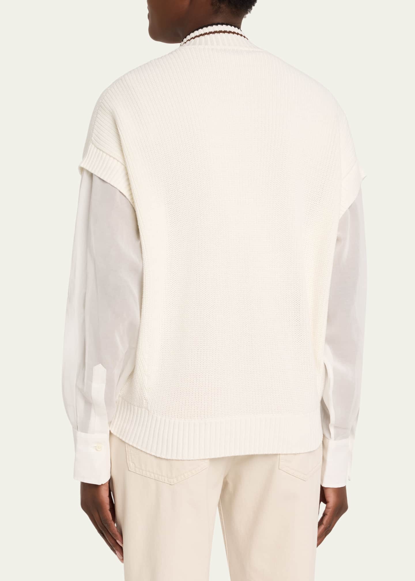 Brunello Cucinelli Organza-Sleeves English Rib Varsity Cardigan