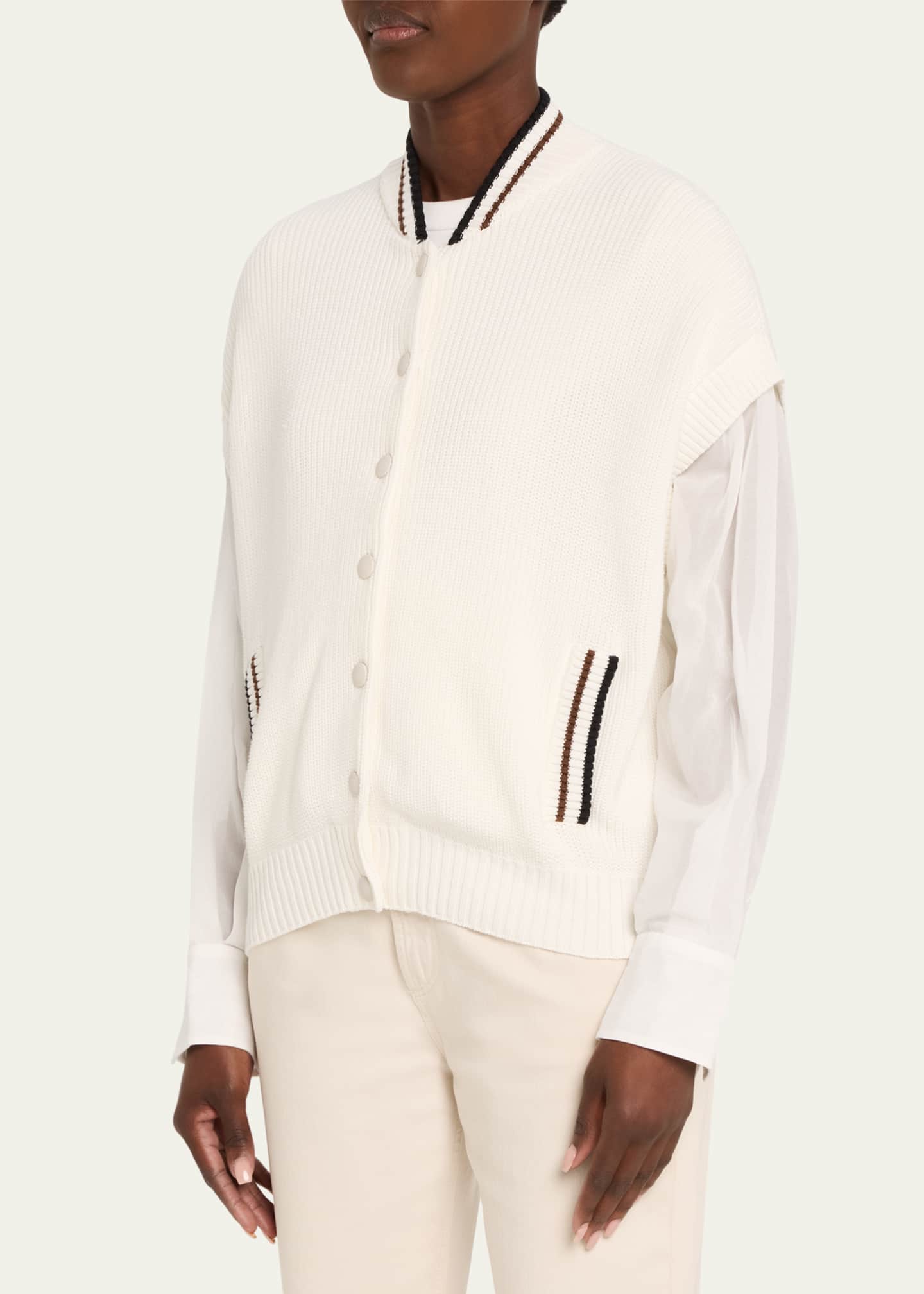 Brunello Cucinelli Organza-Sleeves English Rib Varsity Cardigan