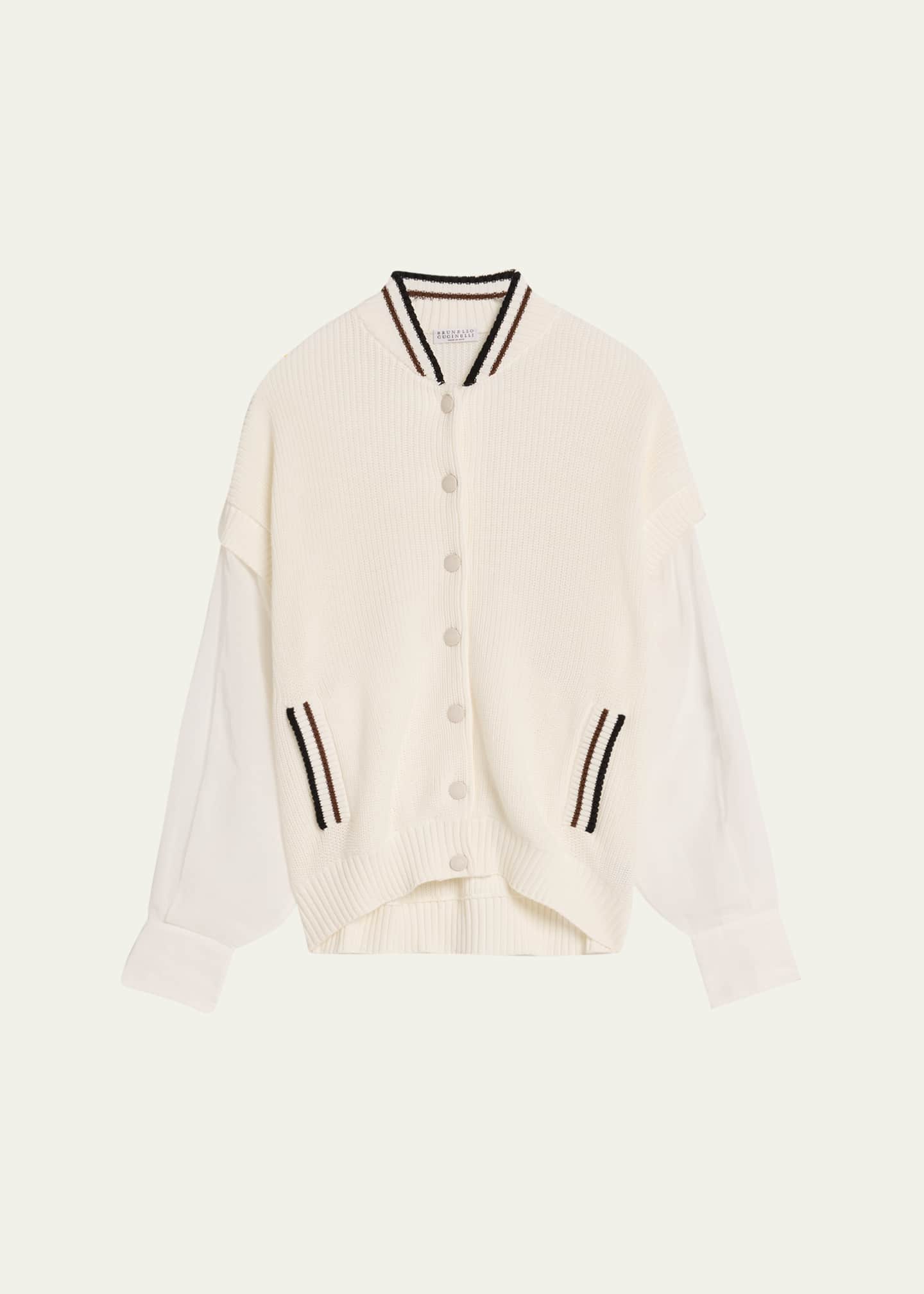 Brunello Cucinelli Organza-Sleeves English Rib Varsity Cardigan