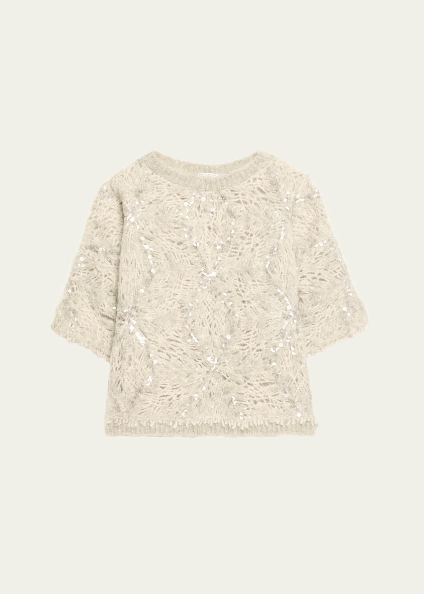 Brunello Cucinelli Pailette Mohair-Wool Short-Sleeve Sweater