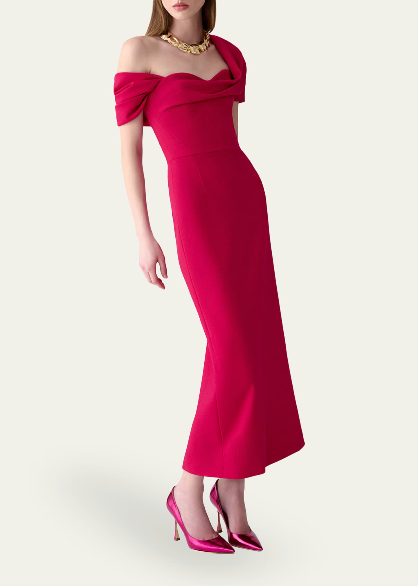 slim fit dress slacks Linen Blend Red Off Shoulder Midi Dress - All Dresses main image 1