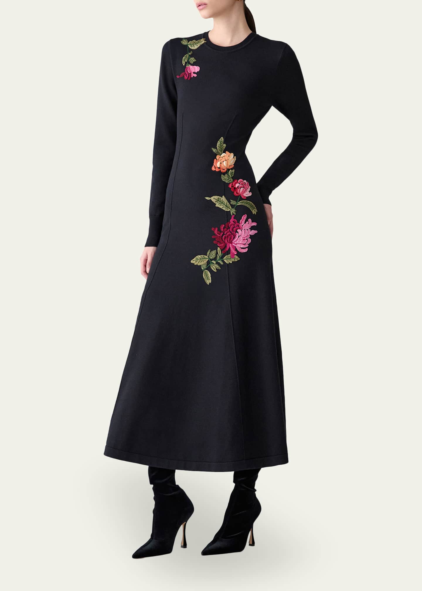 Carolina Herrera Chrysanthemum-Embroidered Midi Knit Dress