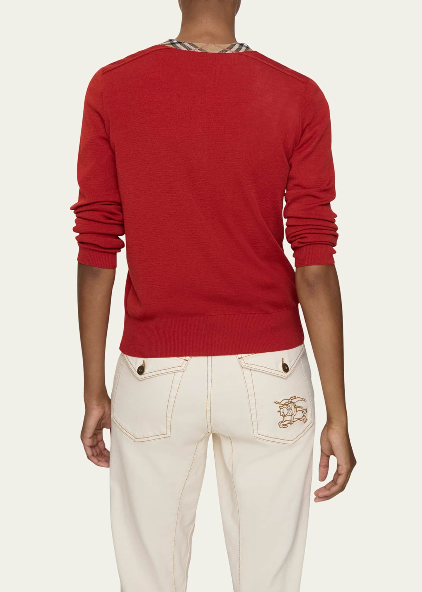 Burberry Margot Check-Trim Crewneck Cardigan - Bergdorf Goodman