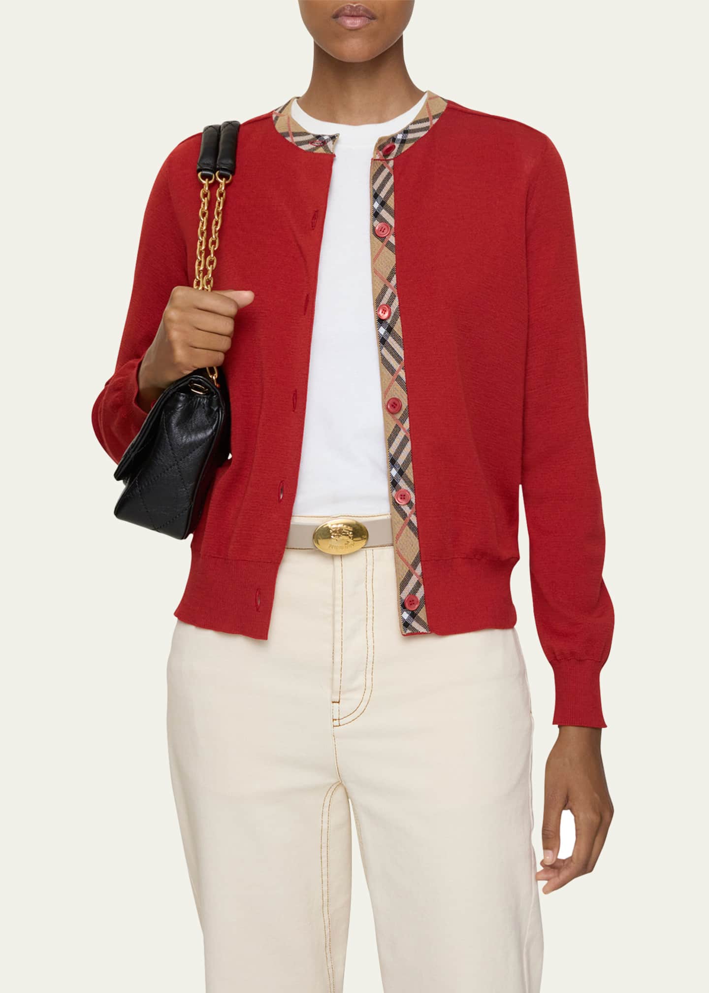 Burberry♪SALE♪MARGOT Burberry Margot Check-Trim Crewneck Cardigan - Bergdorf Goodman