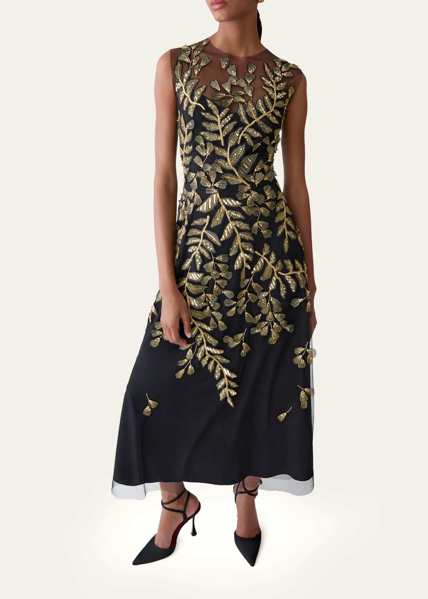 Carolina Herrera Gold Leaf-Embroidered Tulle Midi Dress