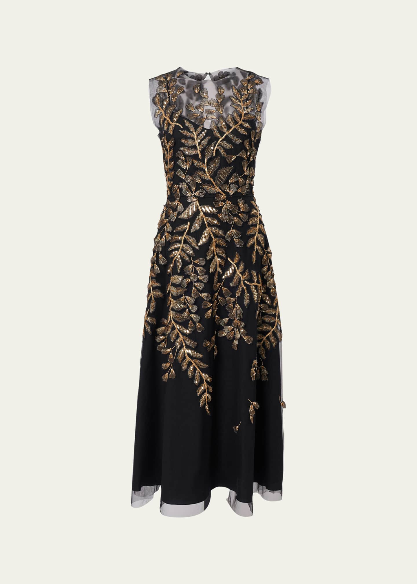 Carolina Herrera Gold Leaf-Embroidered Tulle Midi Dress