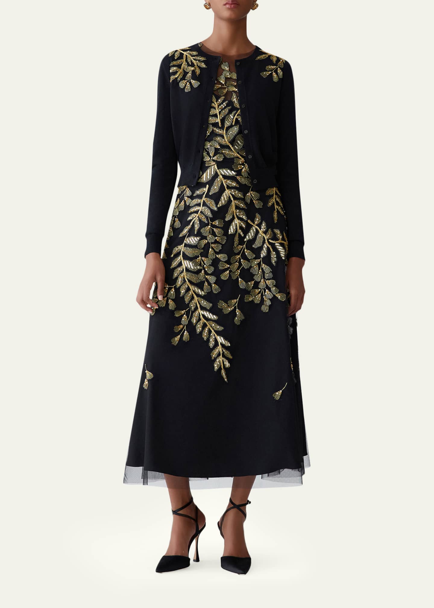 Carolina Herrera Gold Leaf-Embroidered Women Cardigan - Black/Gold