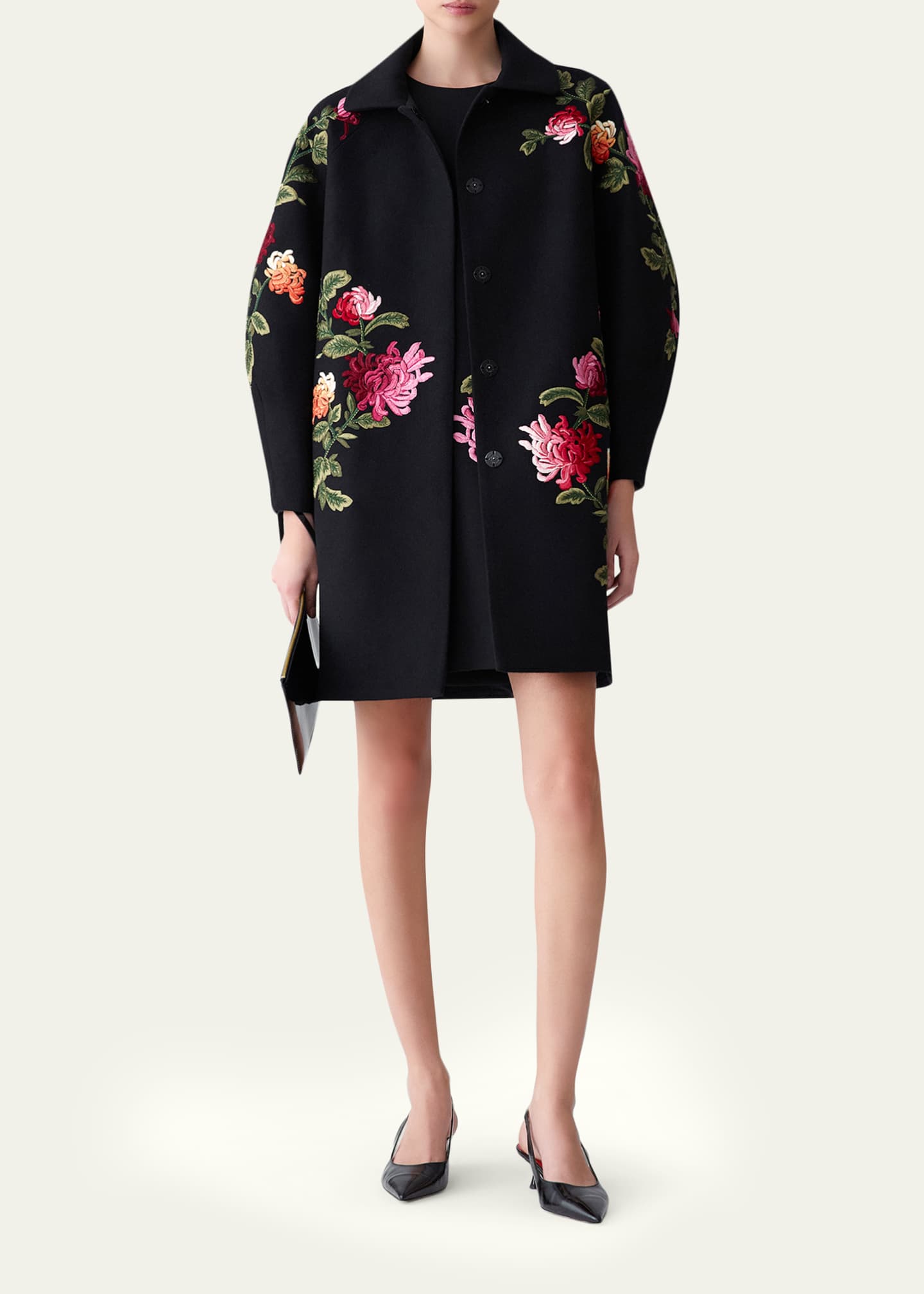 Carolina Herrera Floral-Embroidered Wool Cocoon Coat - Bergdorf