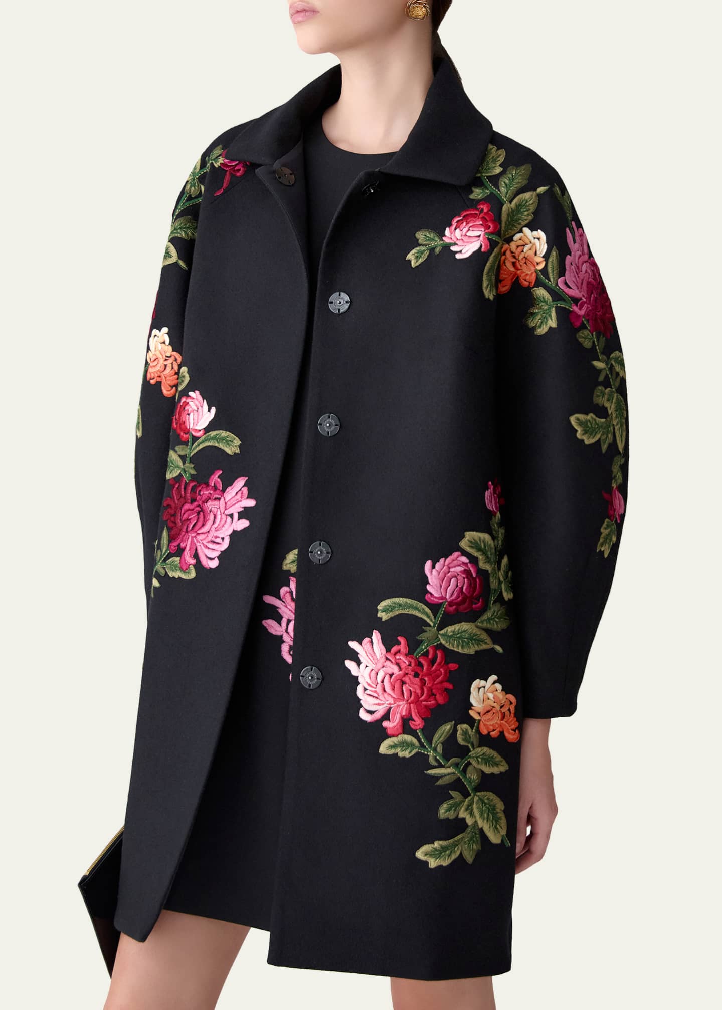 Carolina Herrera Floral-Embroidered Wool Cocoon Coat - Bergdorf