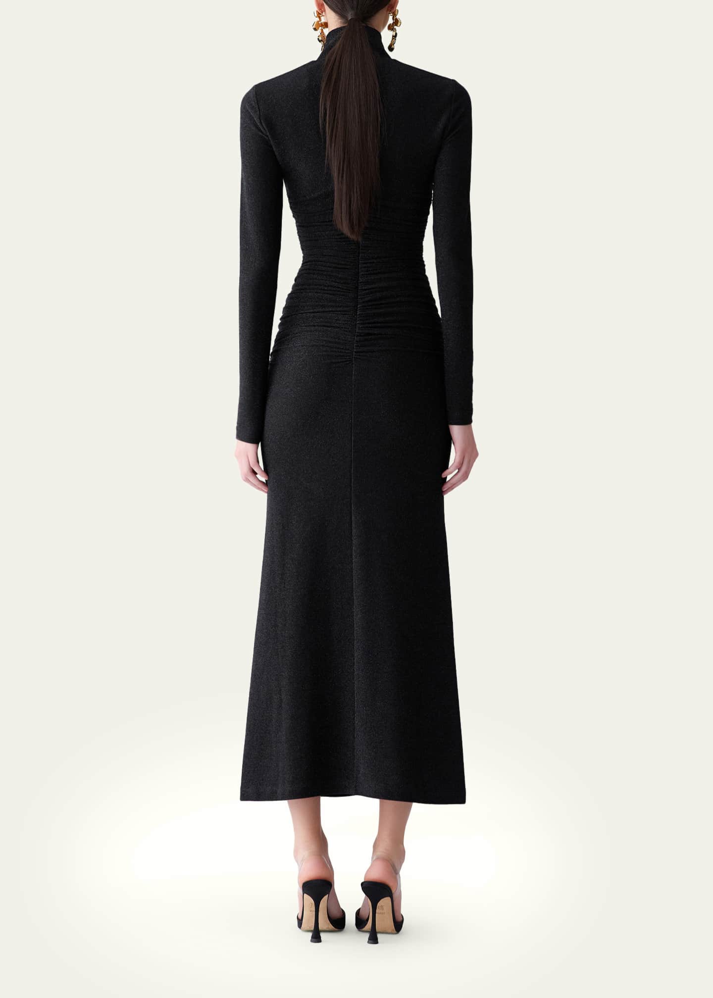 Carolina Herrera Ruched Shimmer-Knit Turtleneck Midi Dress