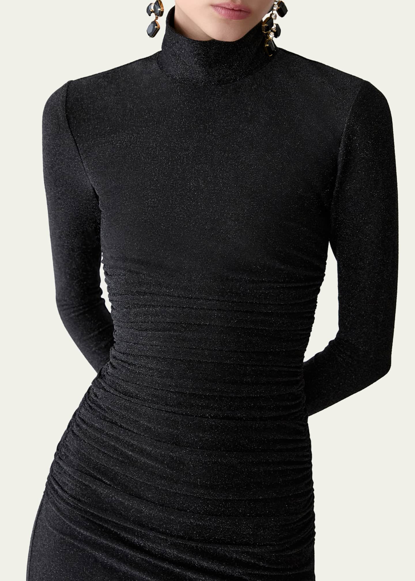 Carolina Herrera Ruched Shimmer-Knit Turtleneck Midi Dress