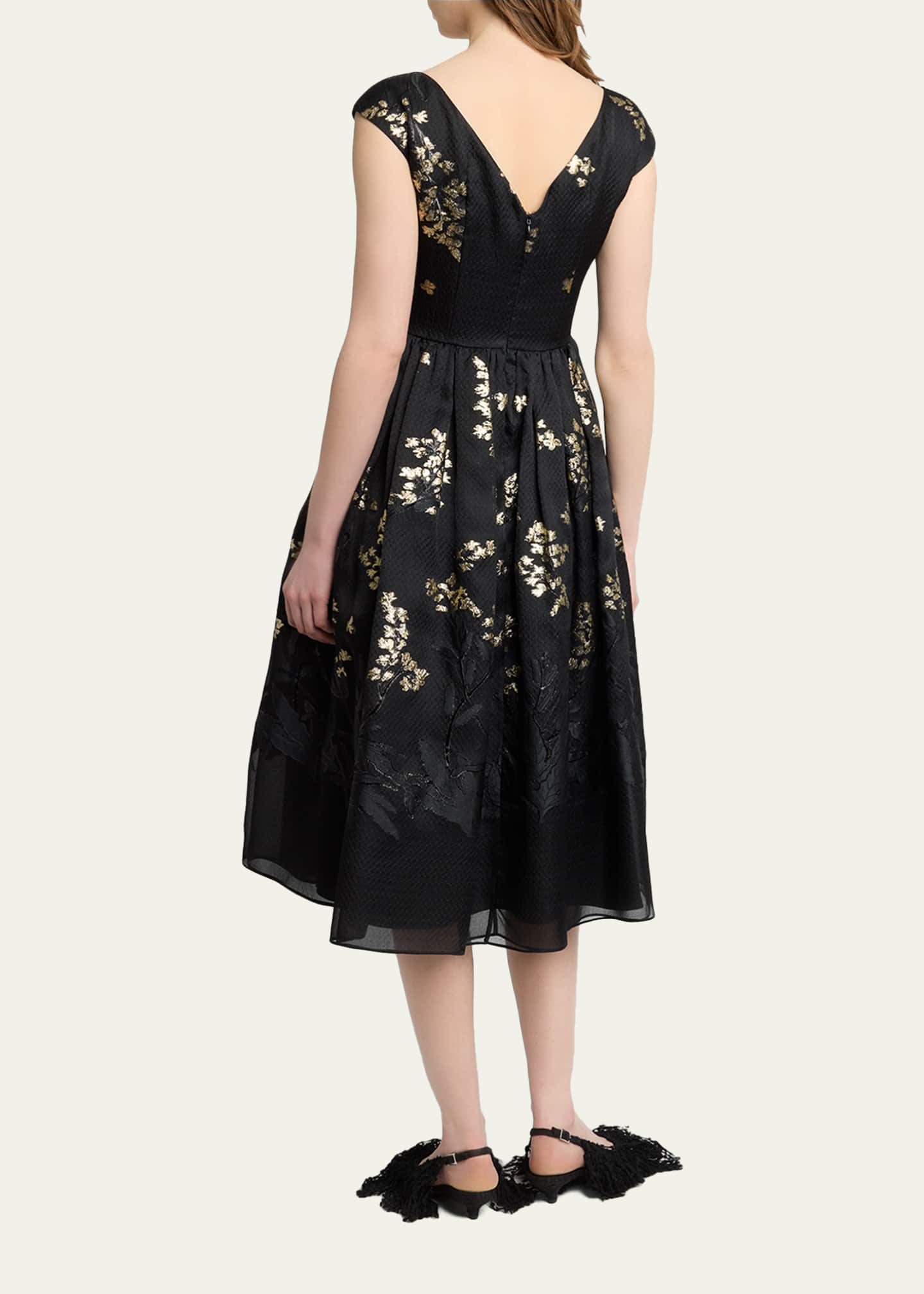 Erdem Floral Brocade Cap-Sleeve Midi Dress, Black, Women's, 10, Cocktail & Party Wedding Guest Dresses Cap-Sleeve Dresses