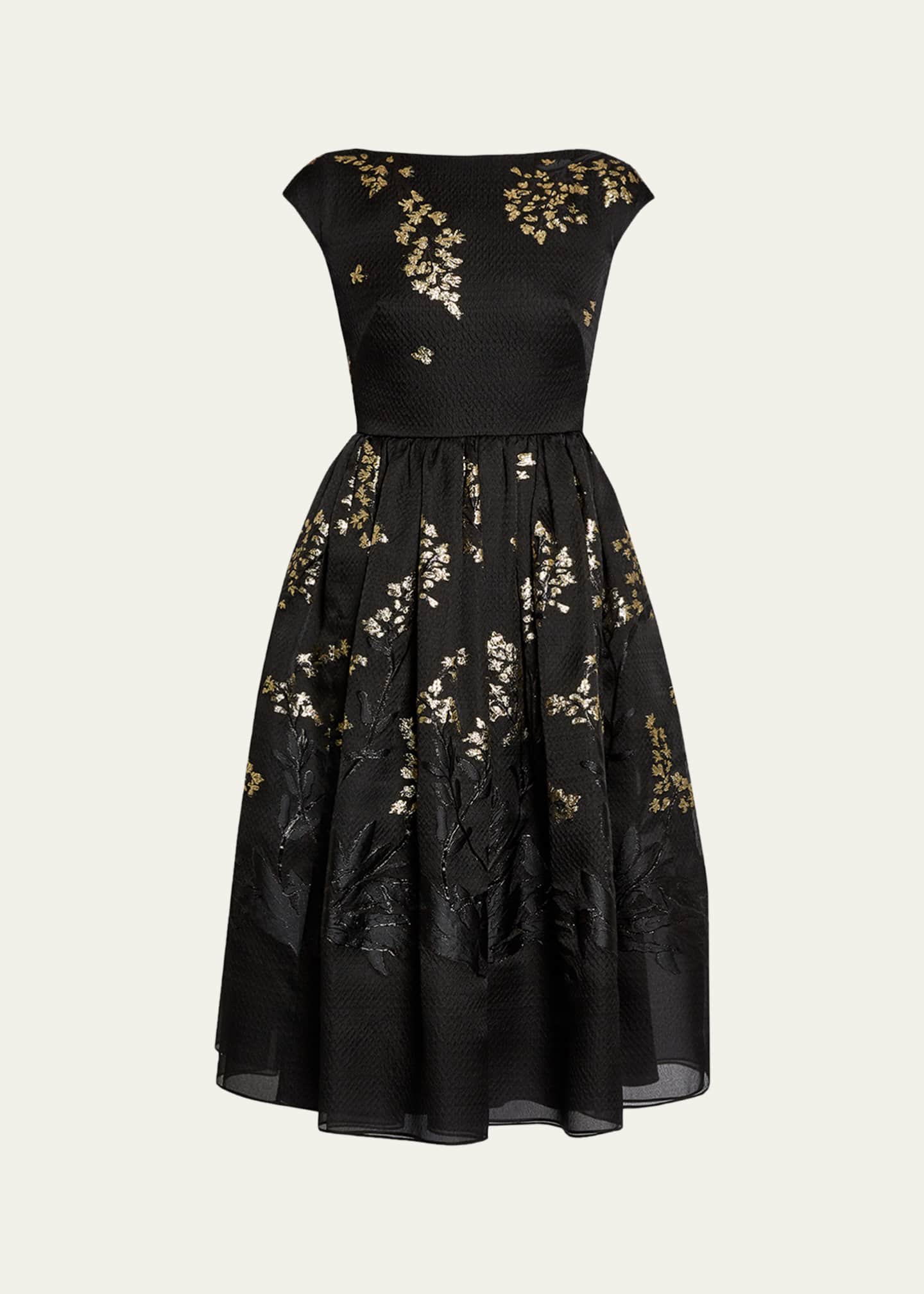 Erdem Floral Brocade Cap-Sleeve Midi Dress, Black, Women's, 10, Cocktail & Party Wedding Guest Dresses Cap-Sleeve Dresses